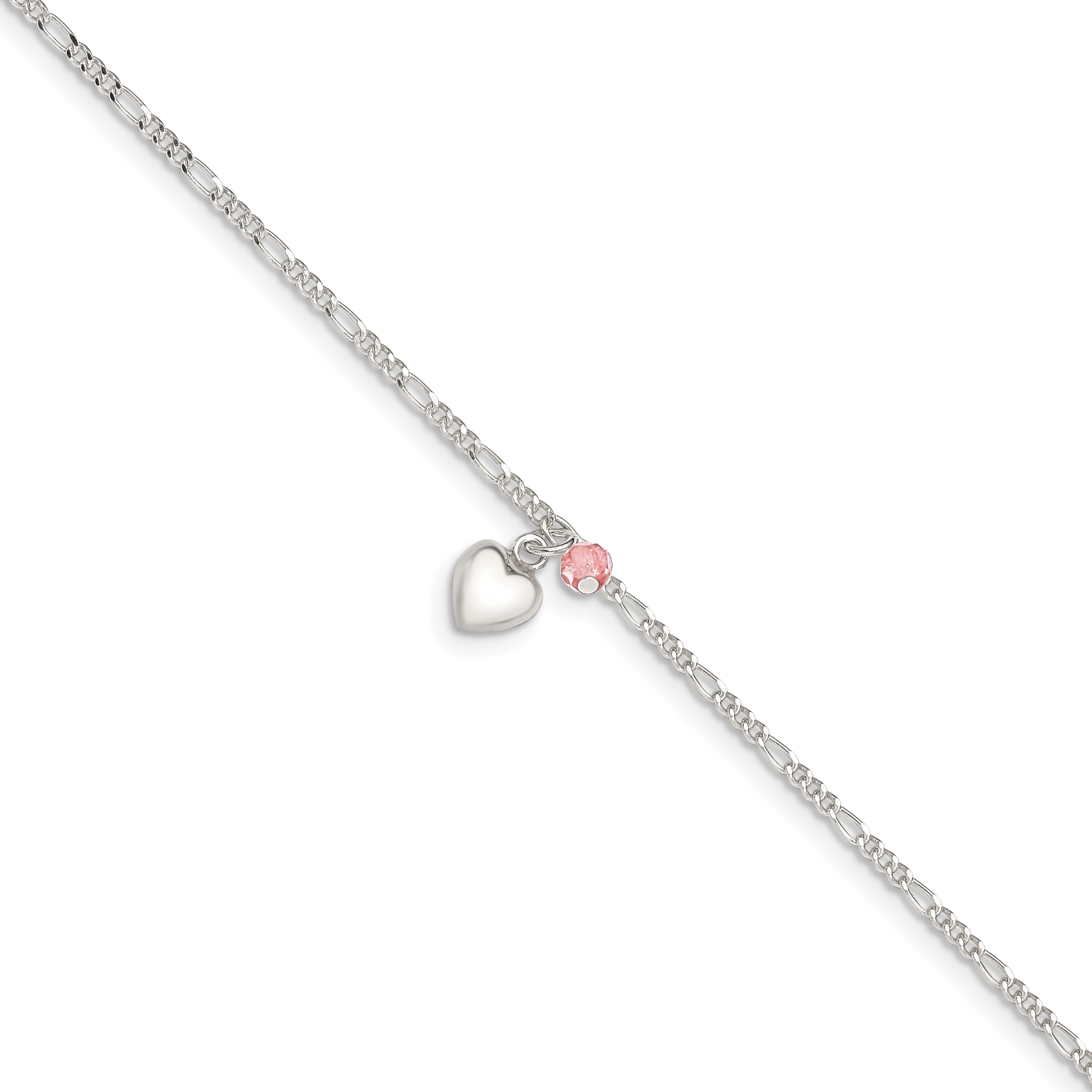Sterling Silver Cherry Quartz Dangling Hearts on Figaro Link Anklet Main image