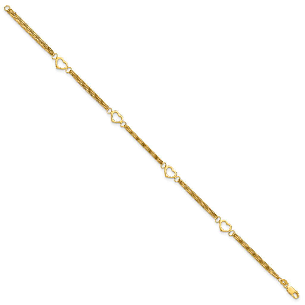 Sterling Silver Gold-tone Polished Heart Multi-Strand 10in Anklet