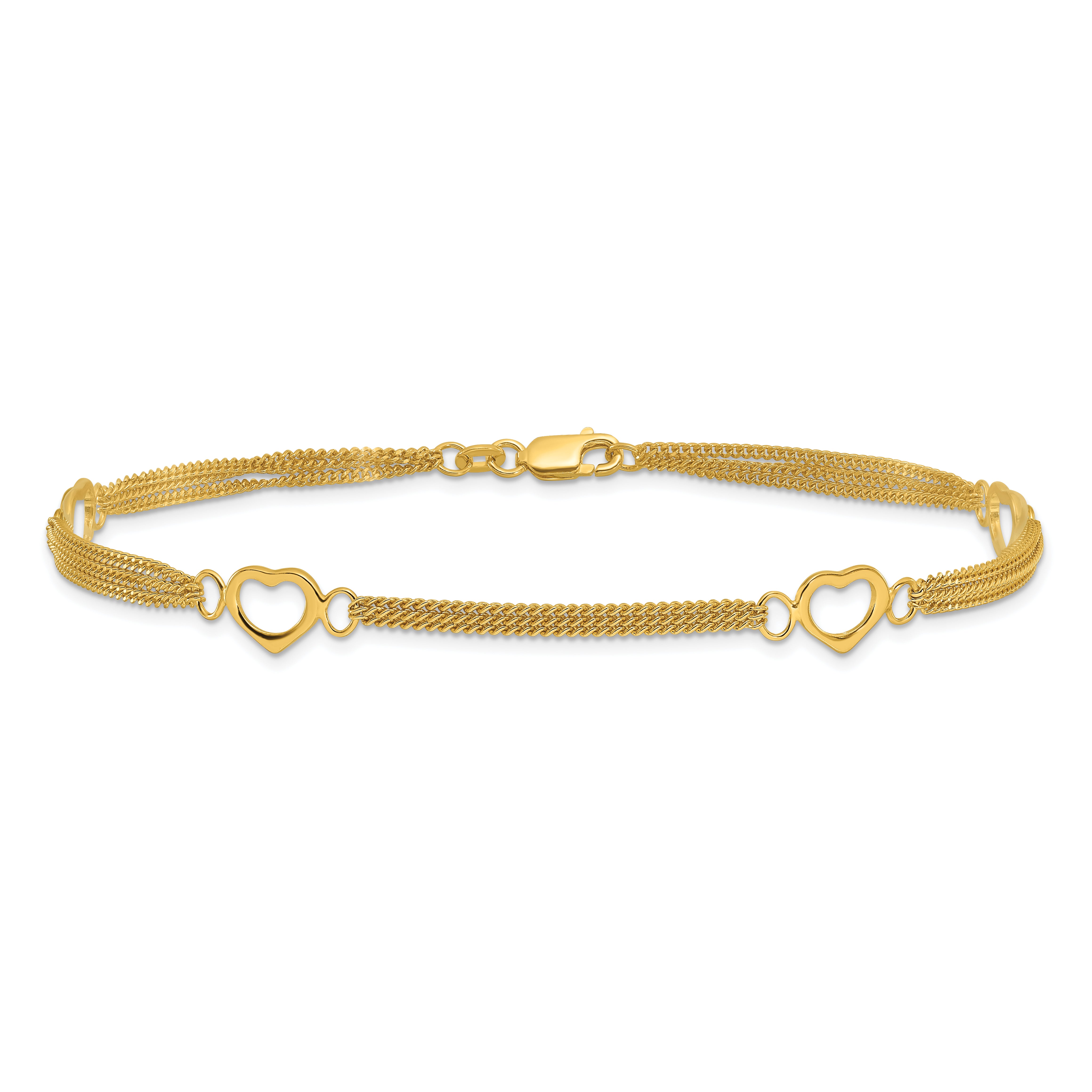 Sterling Silver Gold-tone Polished Heart Multi-Strand 10in Anklet