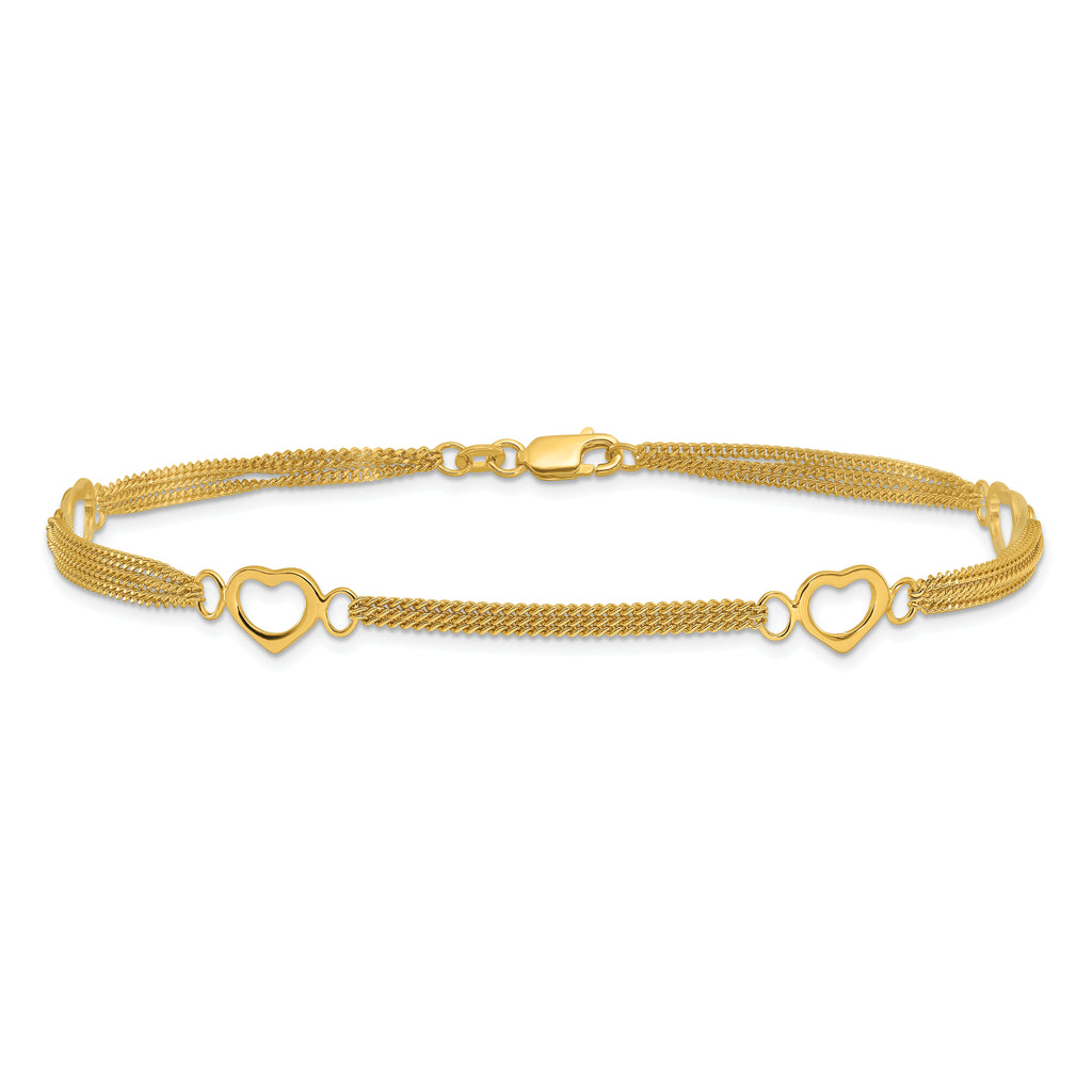 Sterling Silver Gold-tone Polished Heart Multi-Strand 10in Anklet