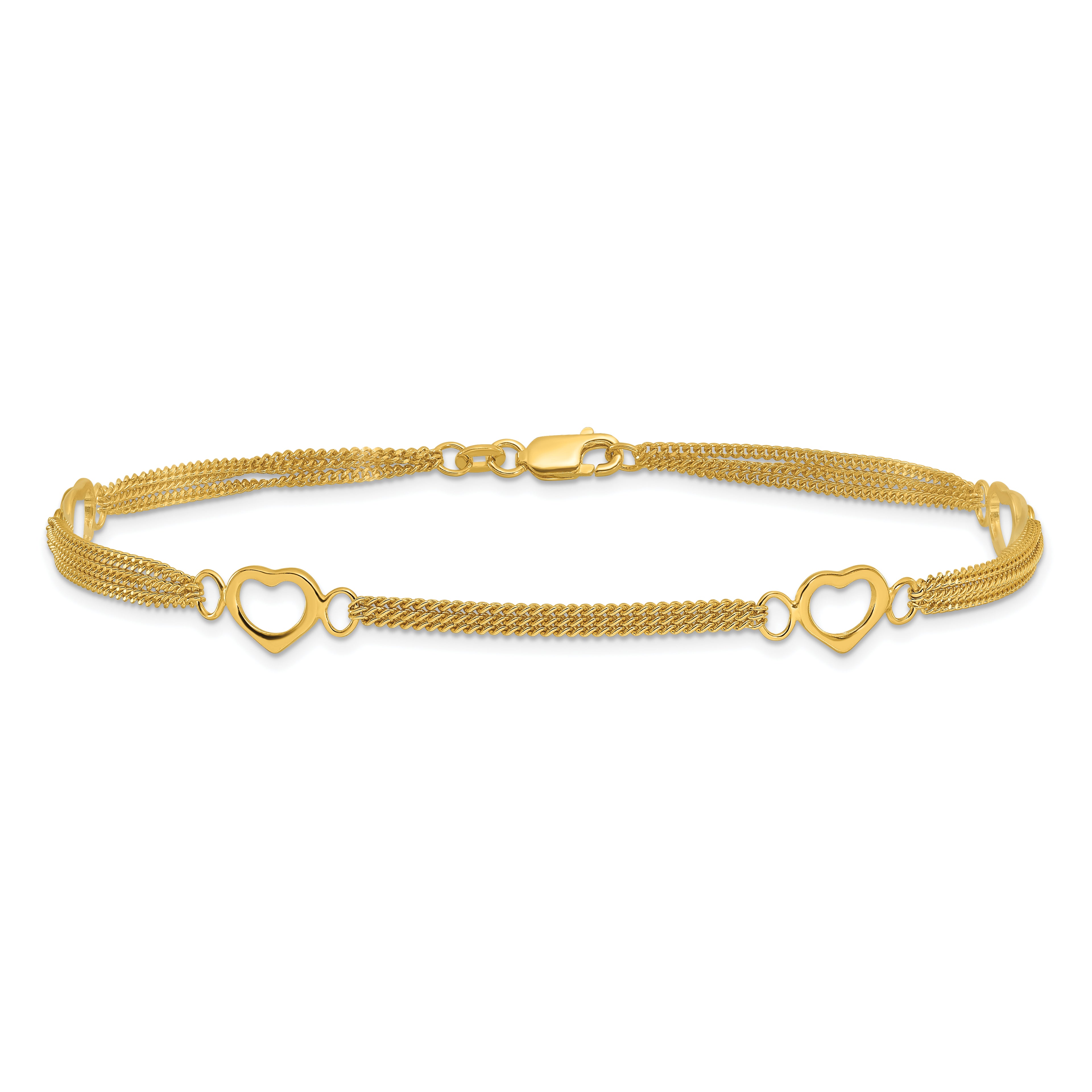 Sterling Silver Gold-tone Polished Heart Multi-Strand 10in Anklet