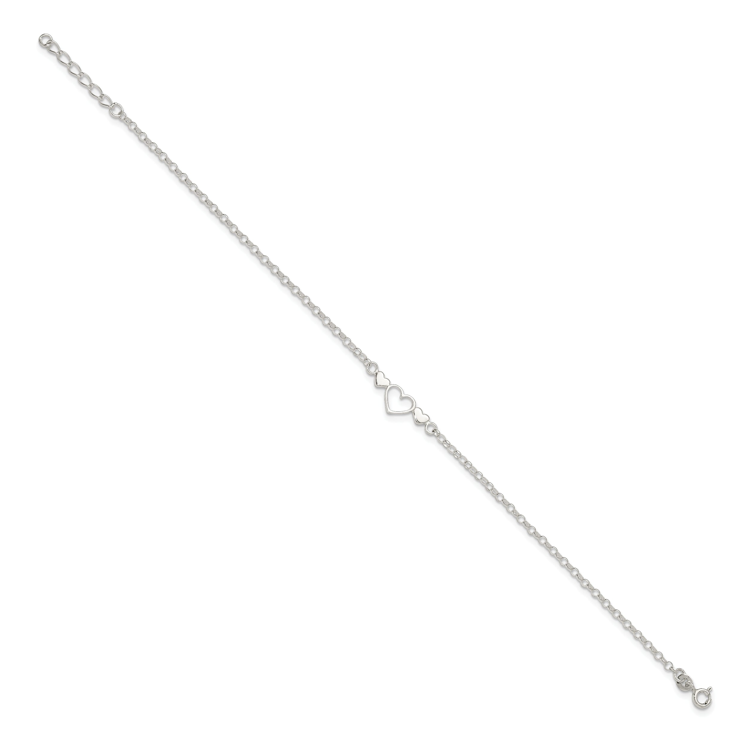 Sterling Silver Three Hearts  9 inch Plus 1 inch Extender - Total 10 inch Anklet