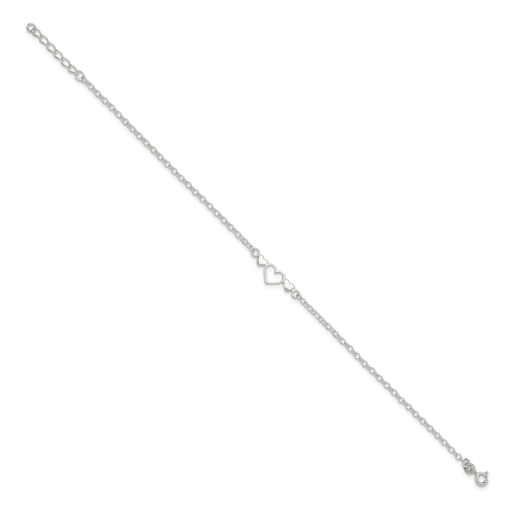 Sterling Silver Three Hearts  9 inch Plus 1 inch Extender - Total 10 inch Anklet