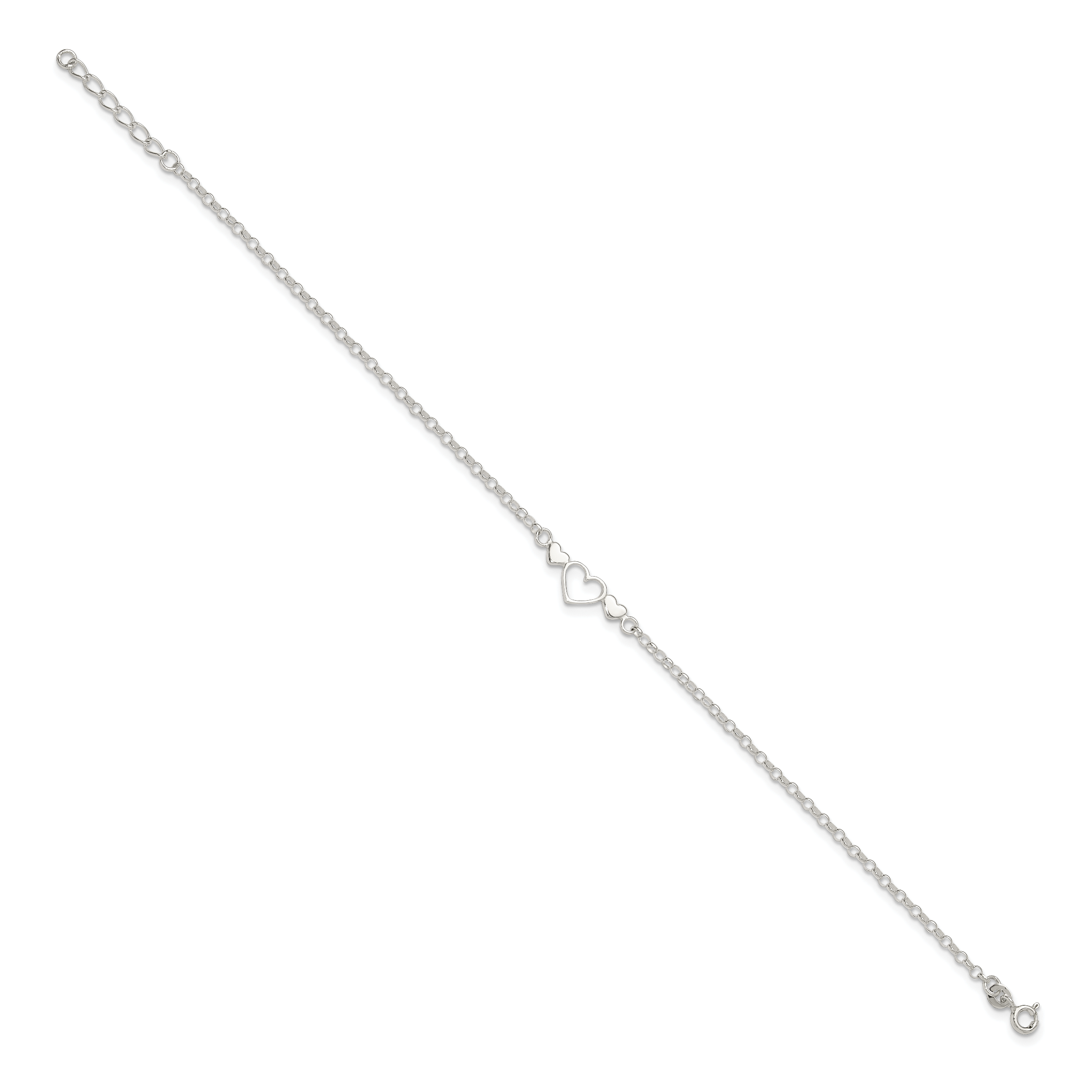 Sterling Silver Three Hearts  9 inch Plus 1 inch Extender - Total 10 inch Anklet