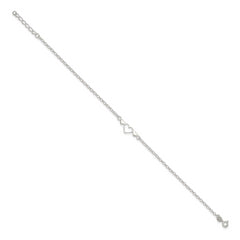Sterling Silver Three Hearts  9 inch Plus 1 inch Extender - Total 10 inch Anklet