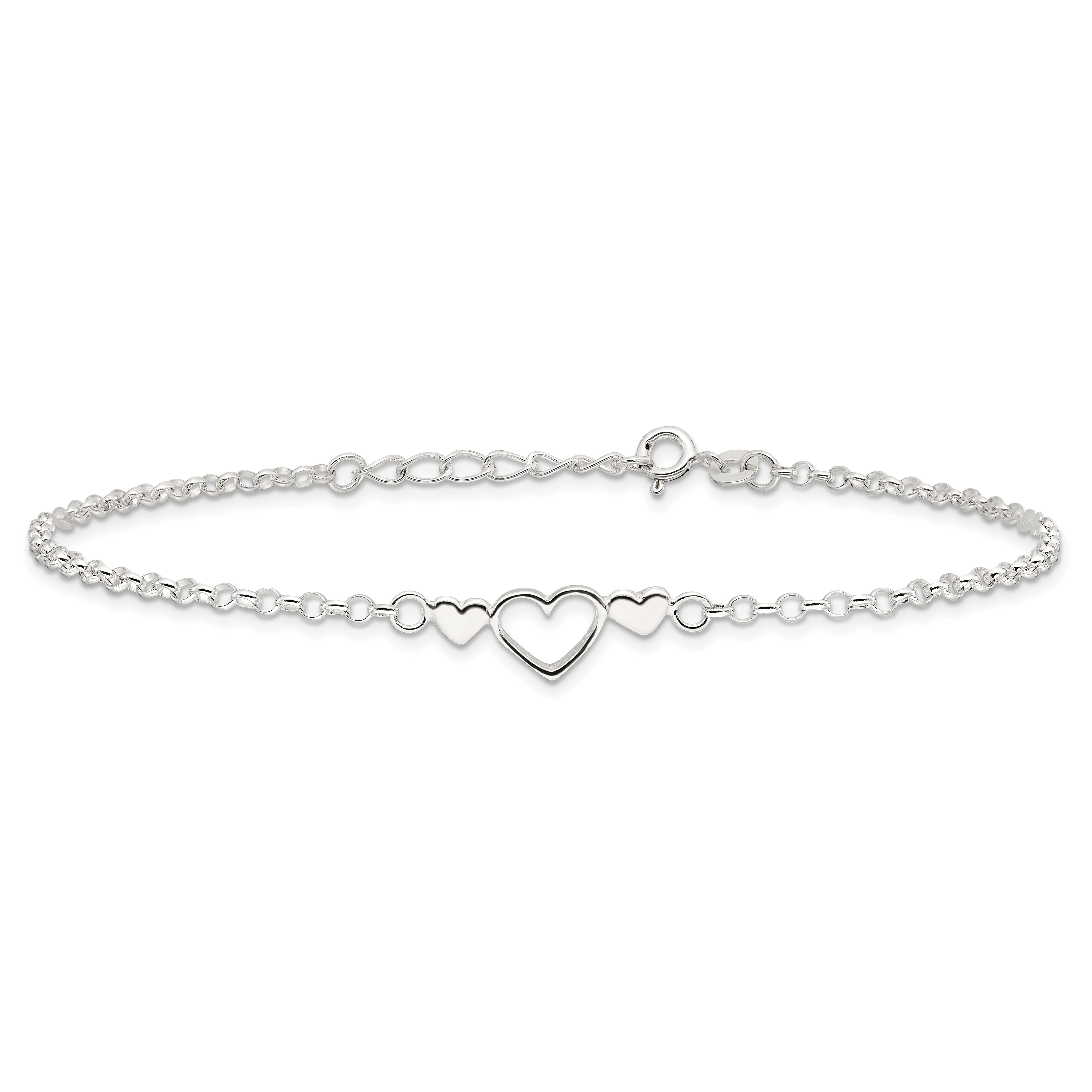 Sterling Silver Three Hearts  9 inch Plus 1 inch Extender - Total 10 inch Anklet