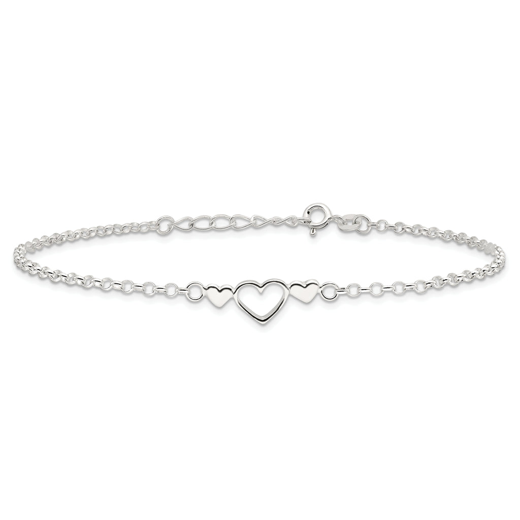 Sterling Silver Three Hearts  9 inch Plus 1 inch Extender - Total 10 inch Anklet
