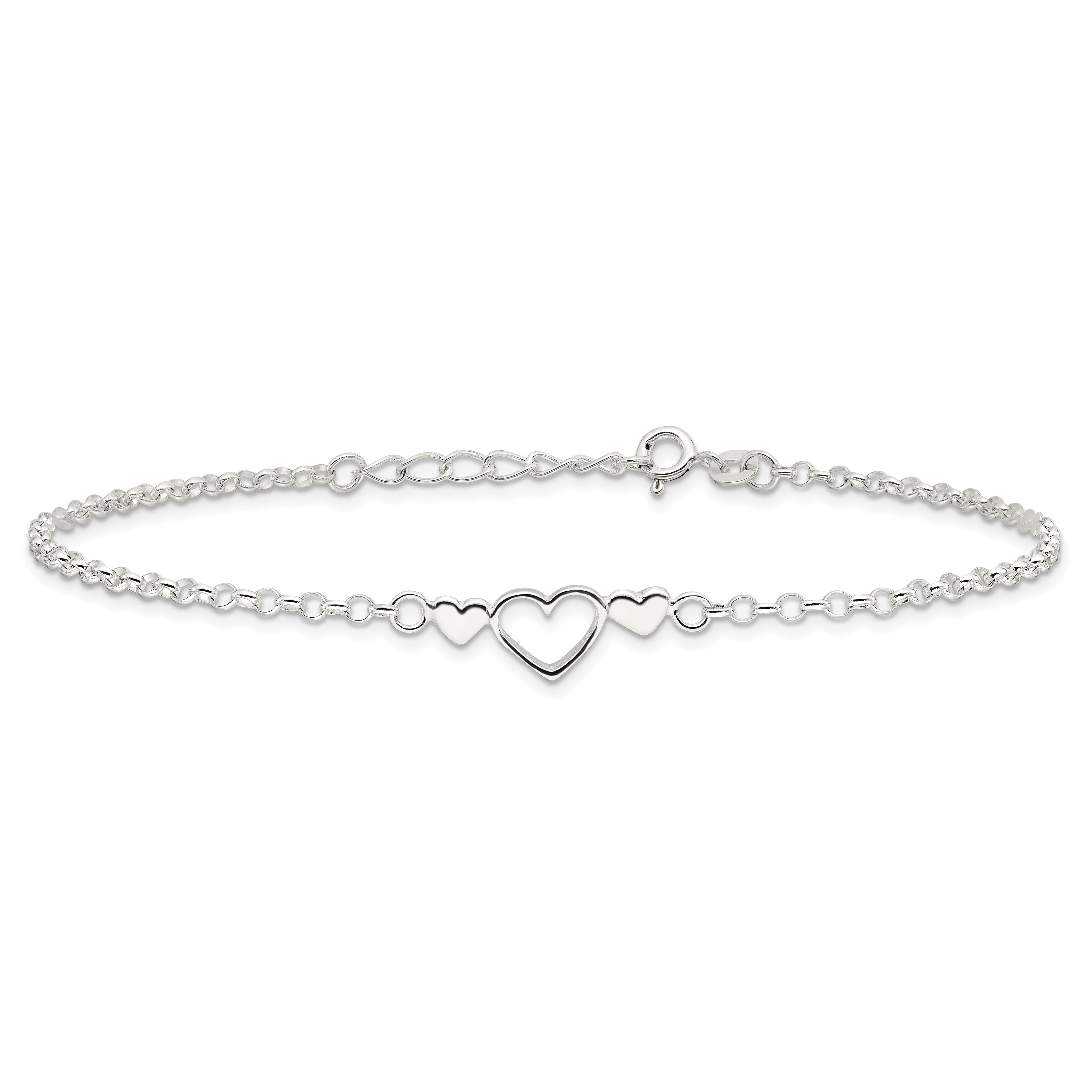 Sterling Silver Three Hearts  9 inch Plus 1 inch Extender - Total 10 inch Anklet