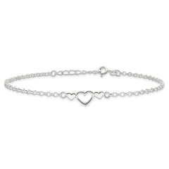 Sterling Silver Three Hearts  9 inch Plus 1 inch Extender - Total 10 inch Anklet