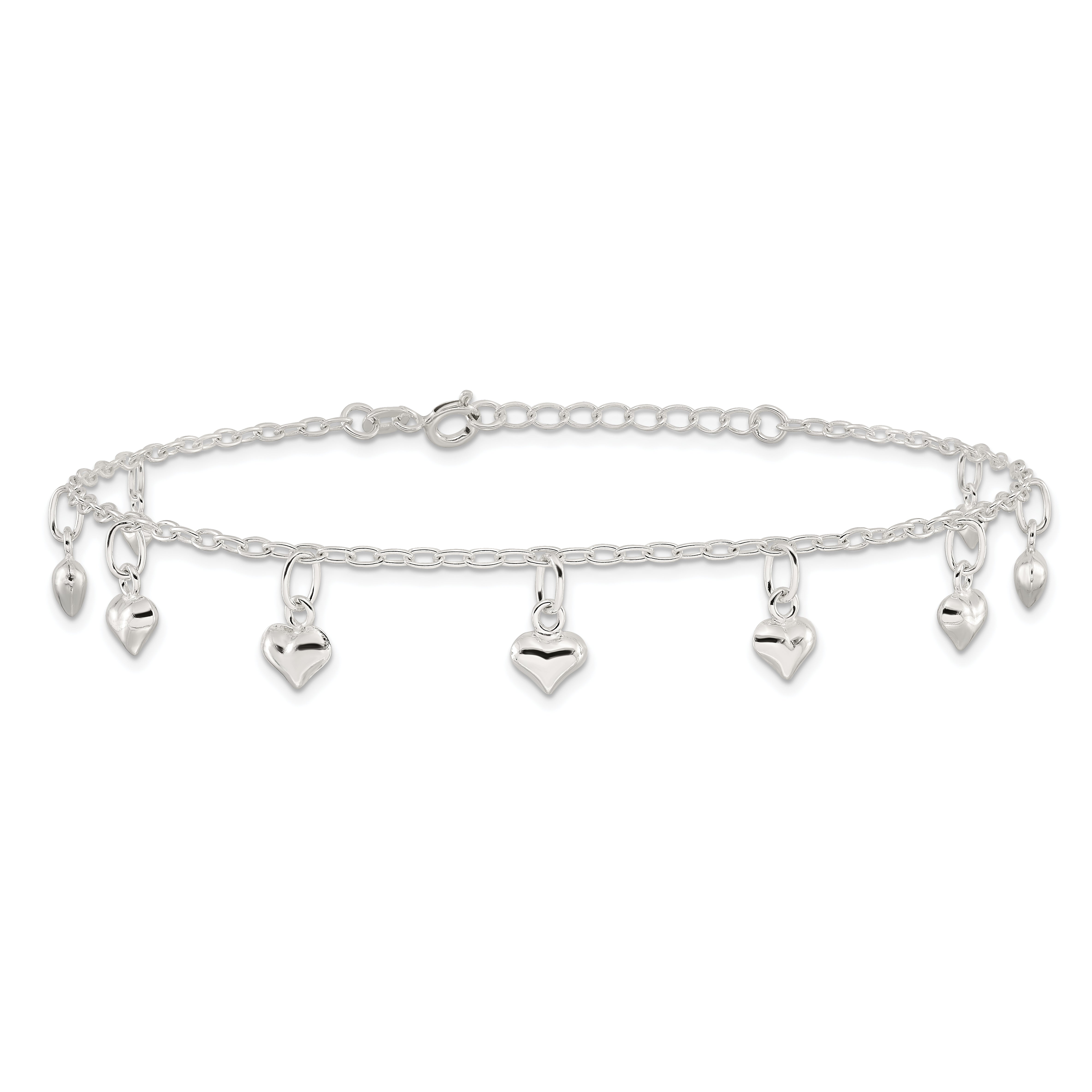 Sterling Silver Puffed Heart Charms 9 inch Plus 1 inch Extender - Total 10 inch Anklet