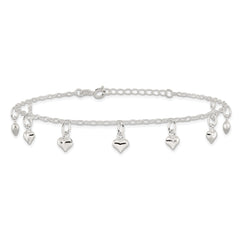Sterling Silver Puffed Heart Charms 9 inch Plus 1 inch Extender - Total 10 inch Anklet
