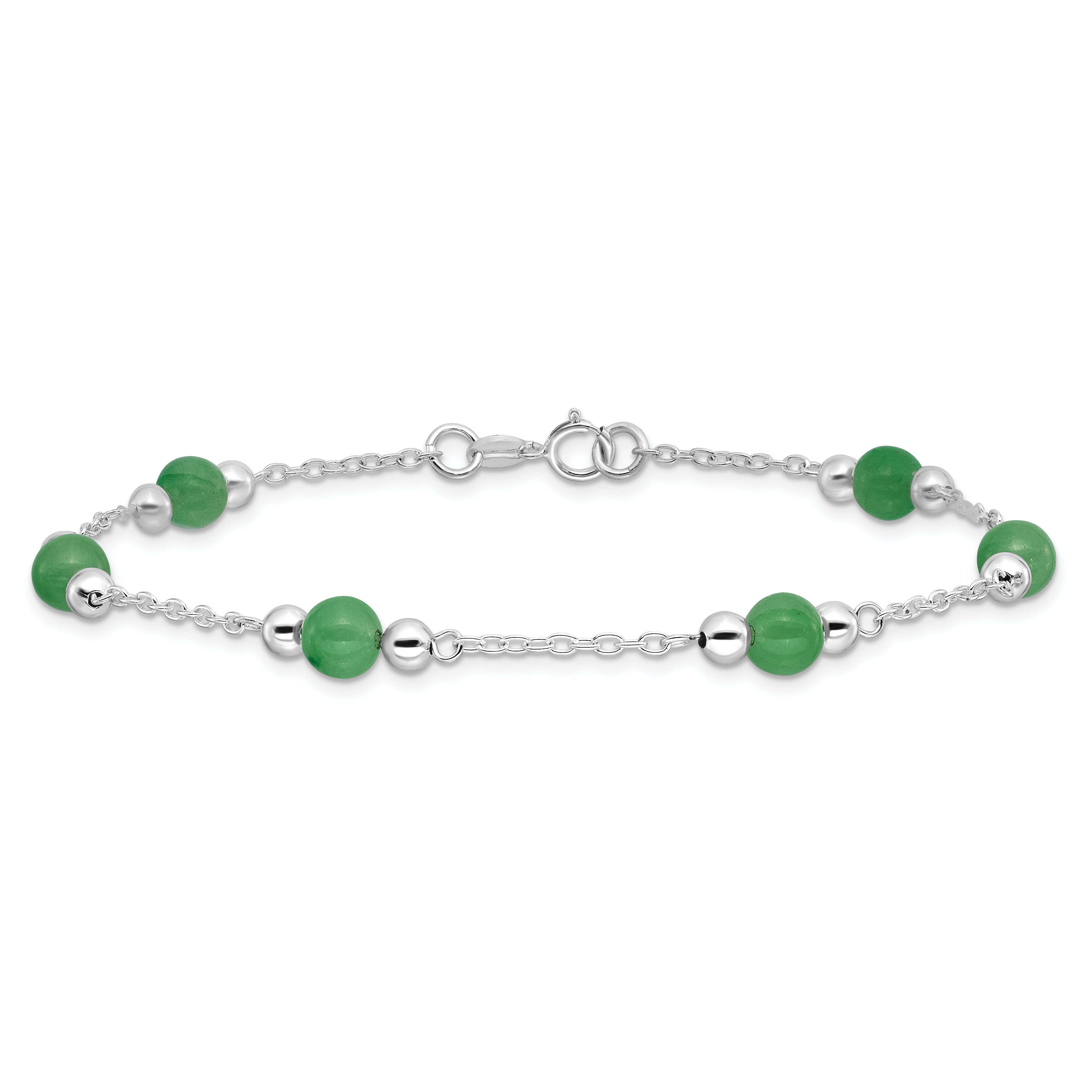 Sterling Silver Rhodium-plated 9inch Polished Green Jade Anklet