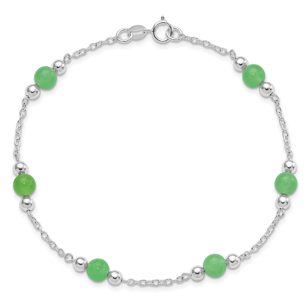 Sterling Silver Rhodium-plated 9inch Polished Green Jade Anklet