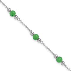 Sterling Silver Rhodium-plated 9inch Polished Green Jade Anklet