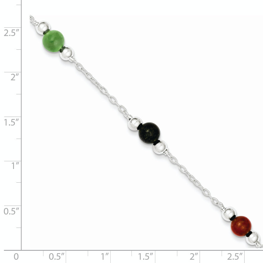Sterling Silver Rhodium-plated 9inch Polished Multi-Color Jade Anklet