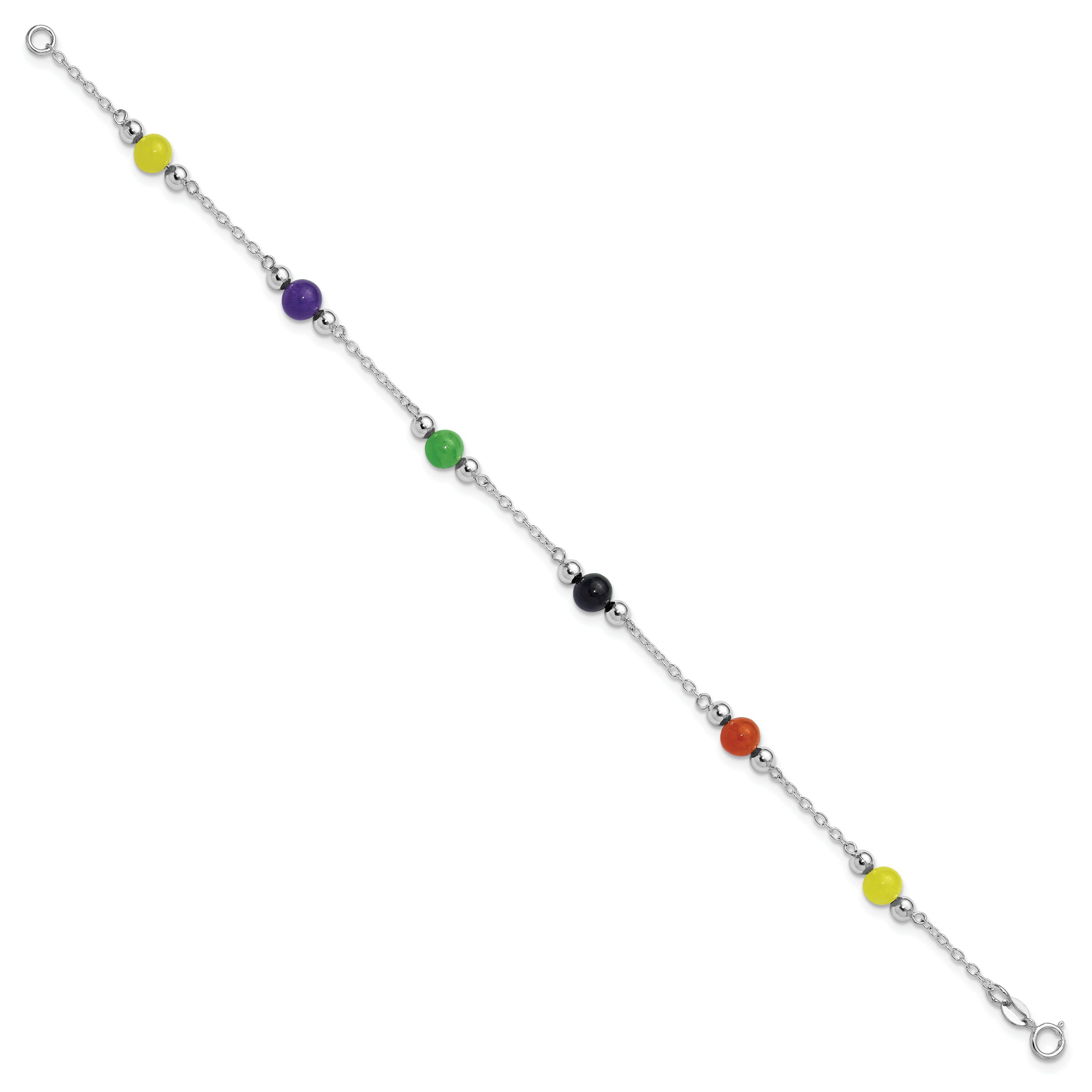Sterling Silver Rhodium-plated 9inch Polished Multi-Color Jade Anklet
