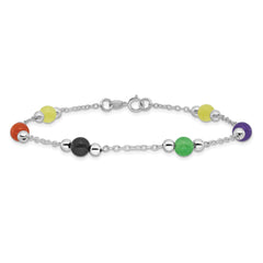 Sterling Silver Rhodium-plated 9inch Polished Multi-Color Jade Anklet