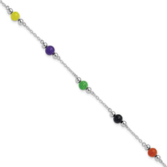 Sterling Silver Rhodium-plated 9inch Polished Multi-Color Jade Anklet