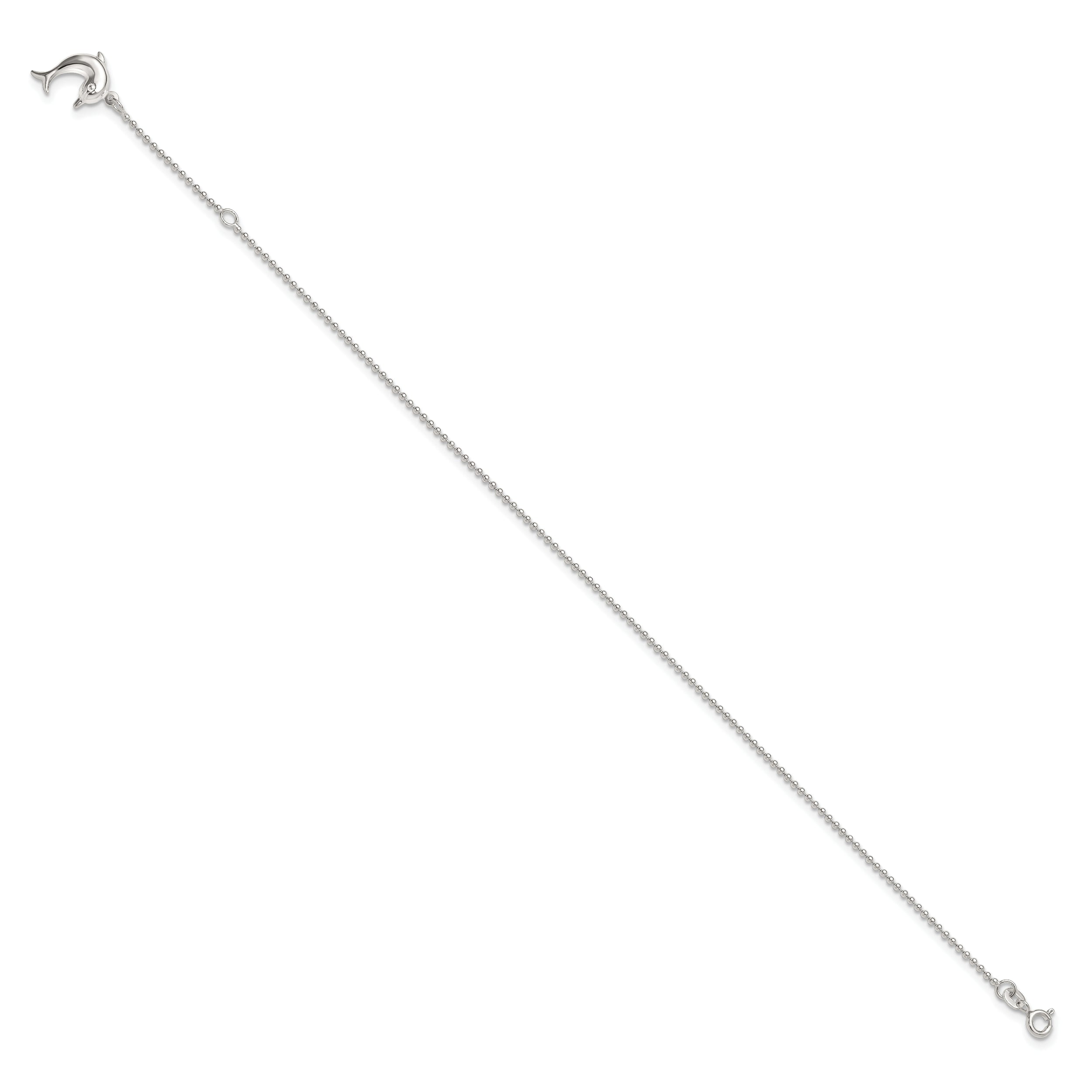 Sterling Silver Dolphin Dangle 9 inch Plus 1 inch Extender - Total 10 inch Anklet