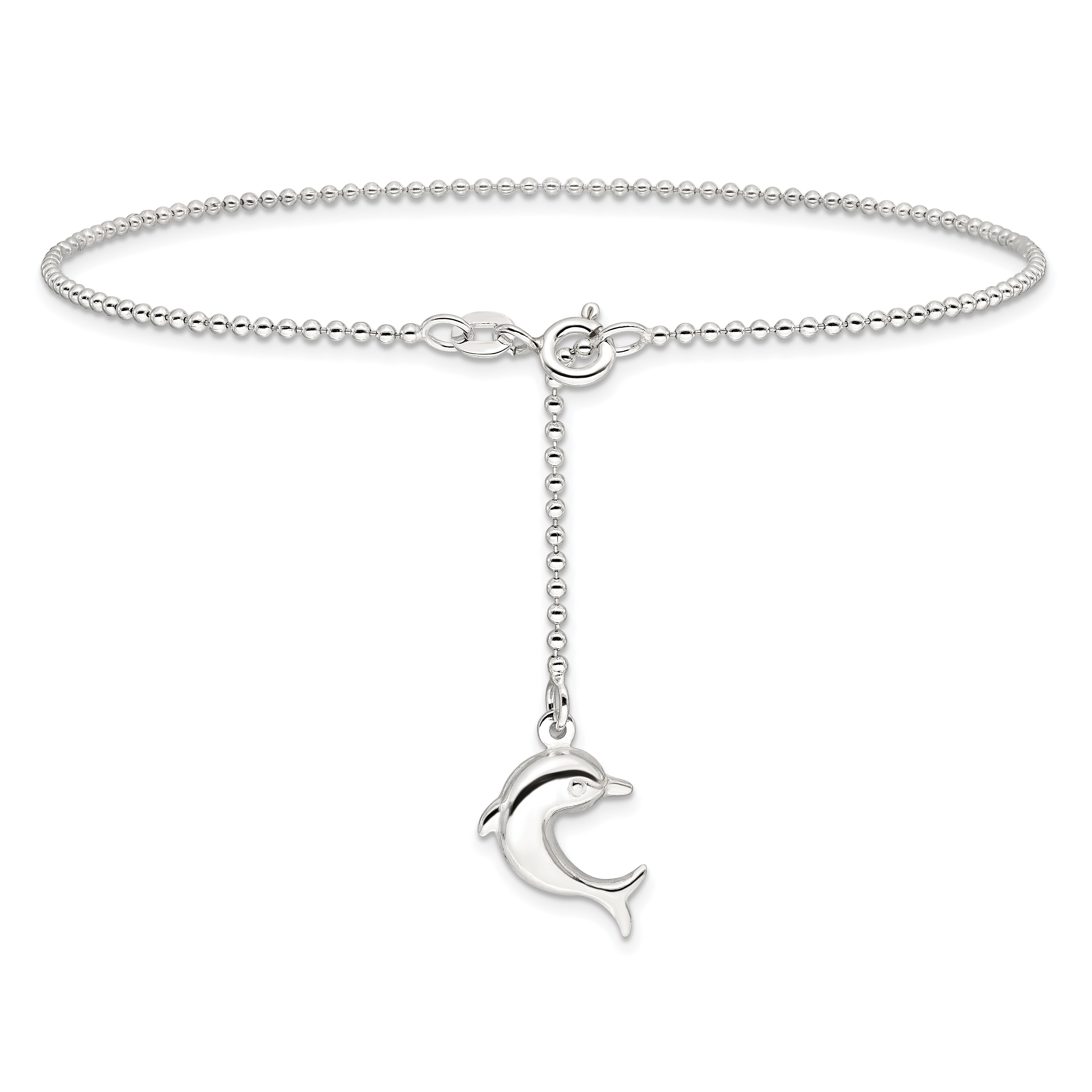 Sterling Silver Dolphin Dangle 9 inch Plus 1 inch Extender - Total 10 inch Anklet