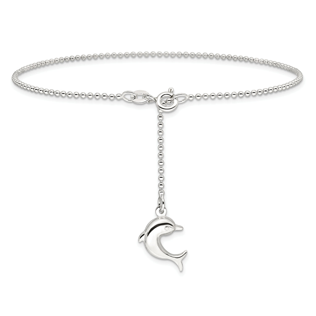 Sterling Silver Dolphin Dangle 9 inch Plus 1 inch Extender - Total 10 inch Anklet