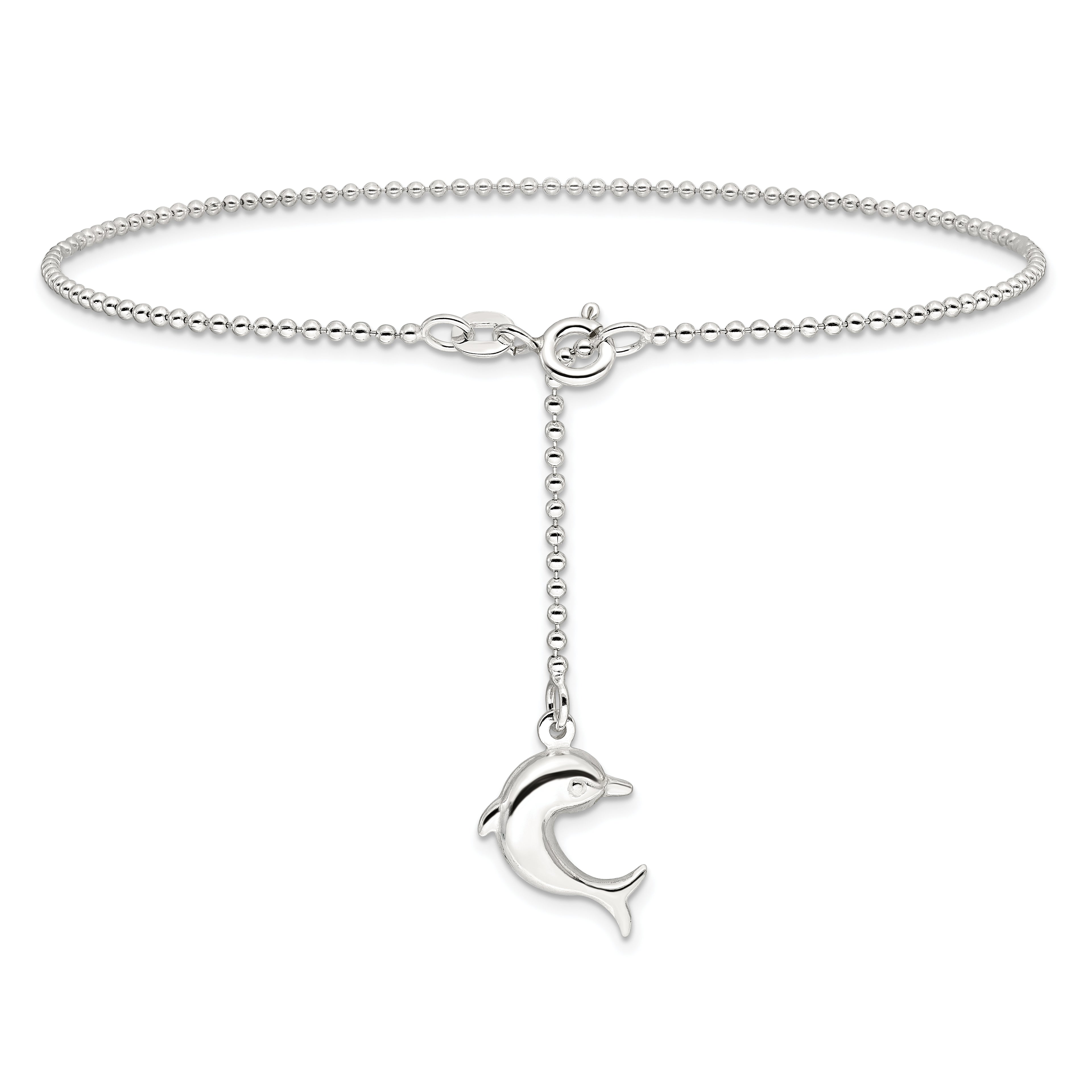 Sterling Silver Dolphin Dangle 9 inch Plus 1 inch Extender - Total 10 inch Anklet