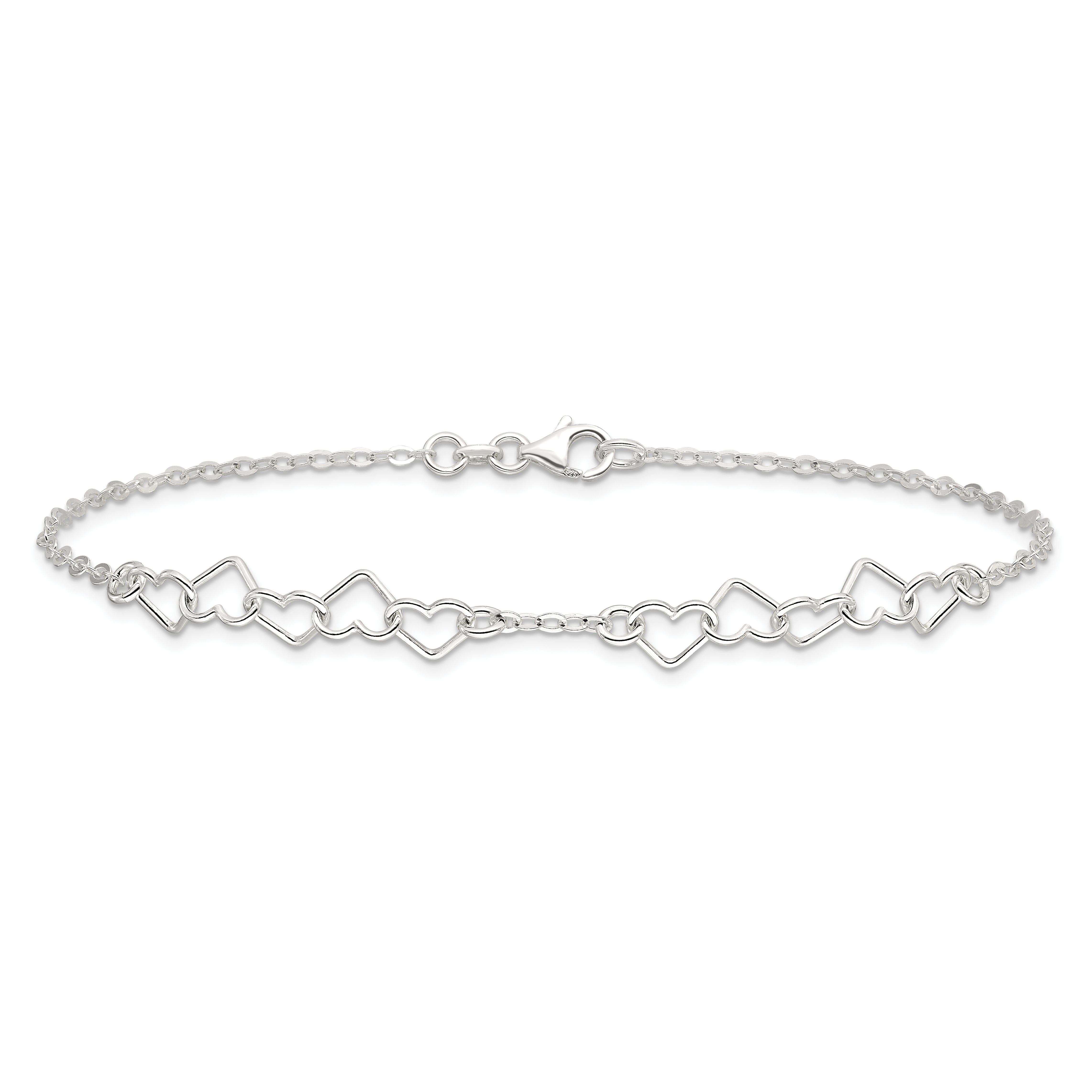 Sterling Silver 10inch Polished Fancy Heart Link Anklet