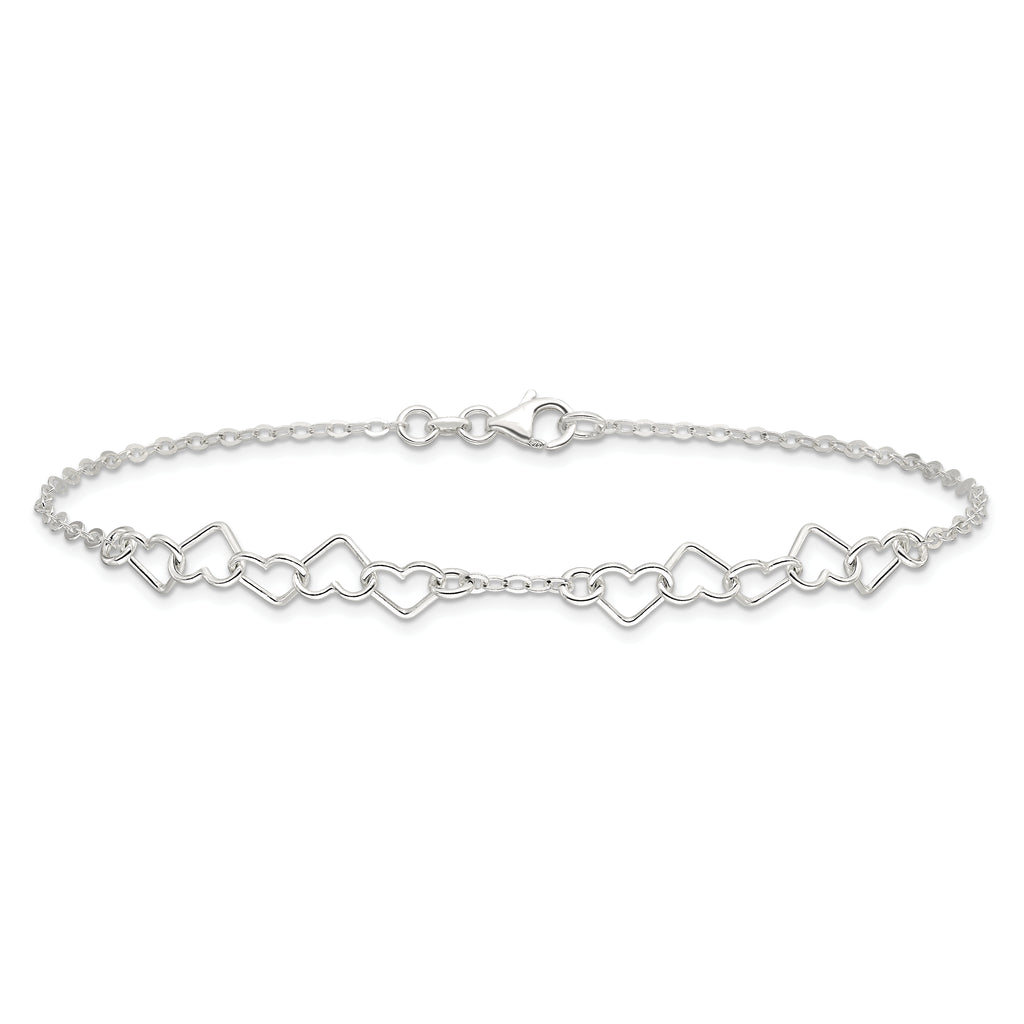 Sterling Silver 10inch Polished Fancy Heart Link Anklet