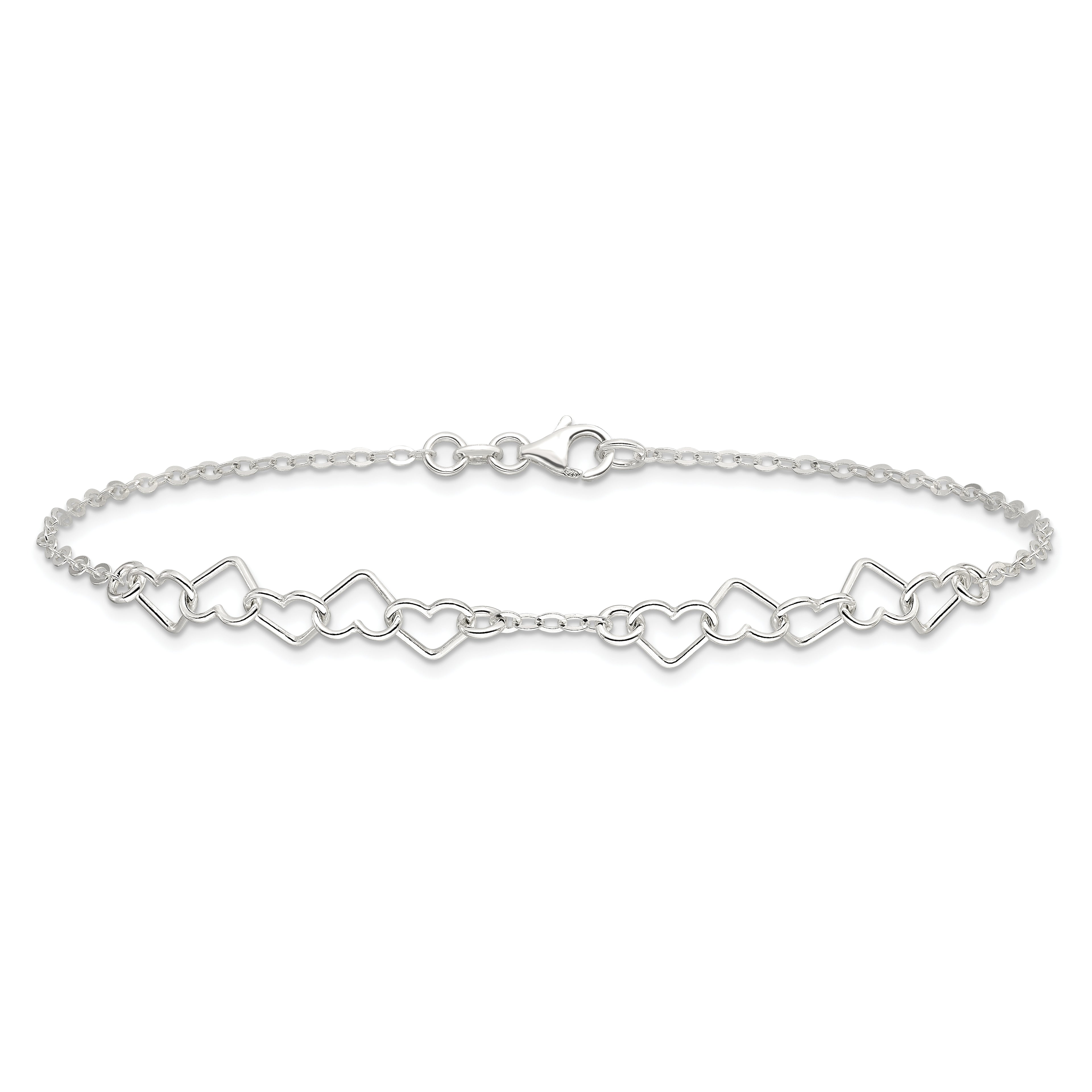 Sterling Silver 10inch Polished Fancy Heart Link Anklet