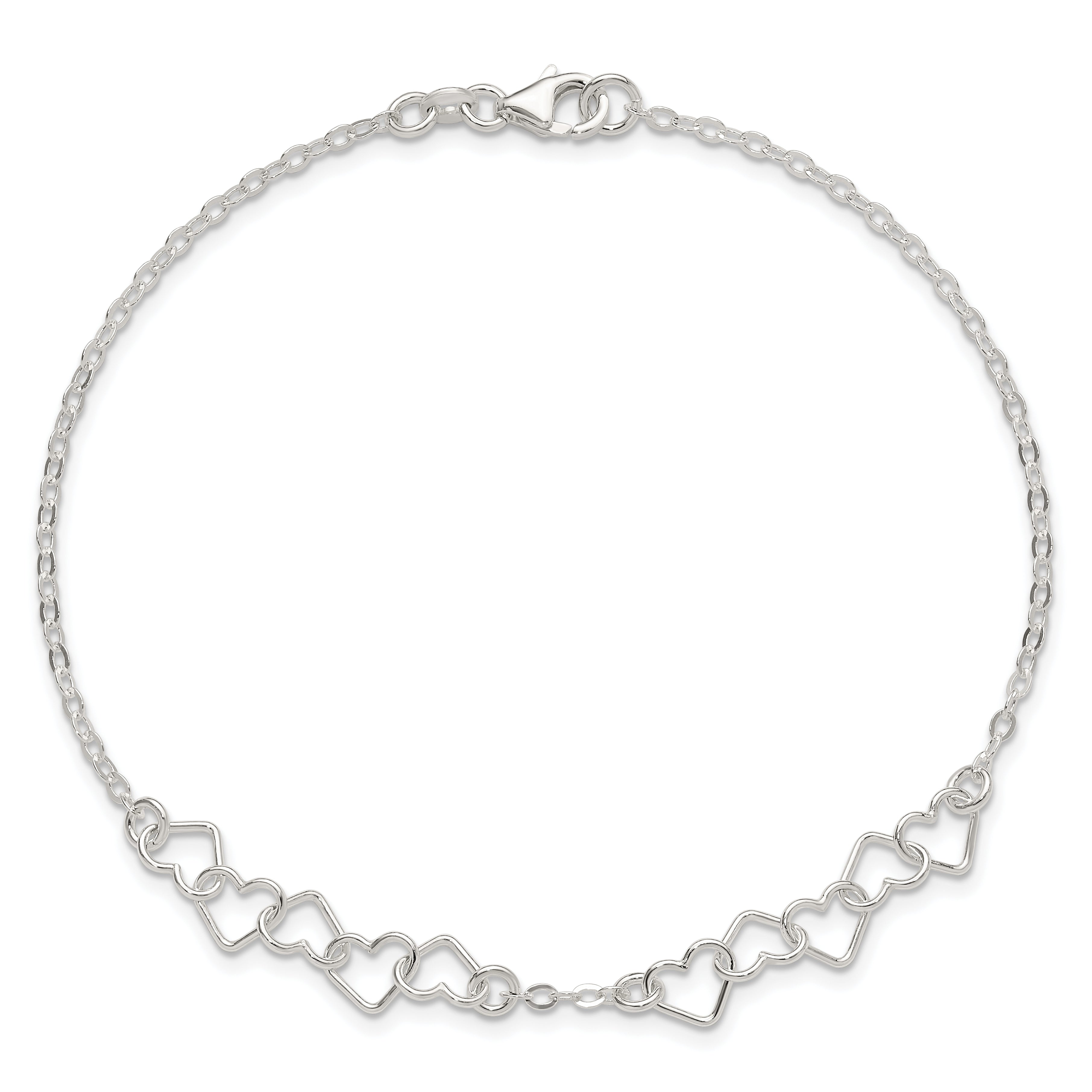 Sterling Silver 10inch Polished Fancy Heart Link Anklet