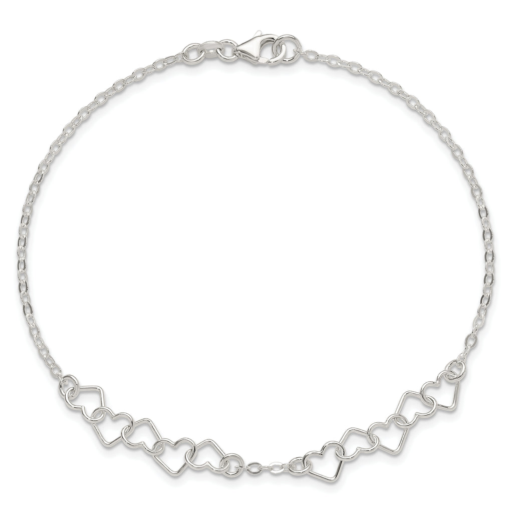 Sterling Silver 10inch Polished Fancy Heart Link Anklet