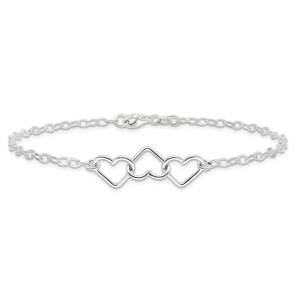 Sterling Silver 10inch Solid Polished Fancy Heart Link Anklet
