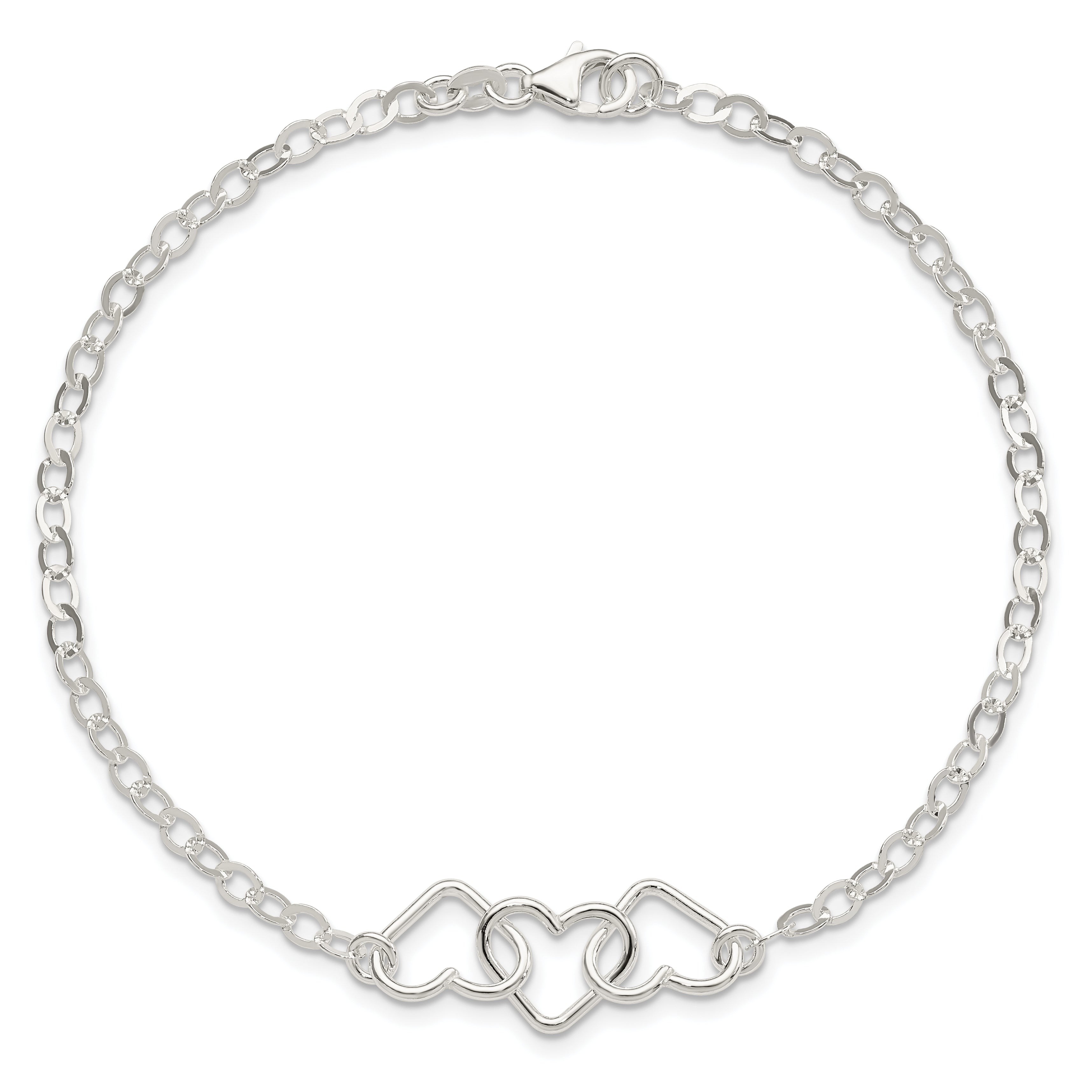 Sterling Silver 10inch Solid Polished Fancy Heart Link Anklet