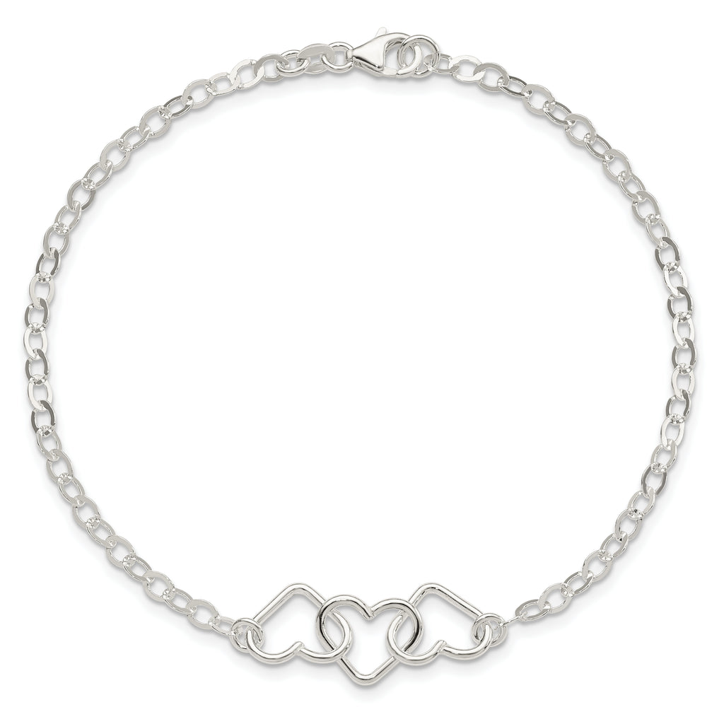 Sterling Silver 10inch Solid Polished Fancy Heart Link Anklet