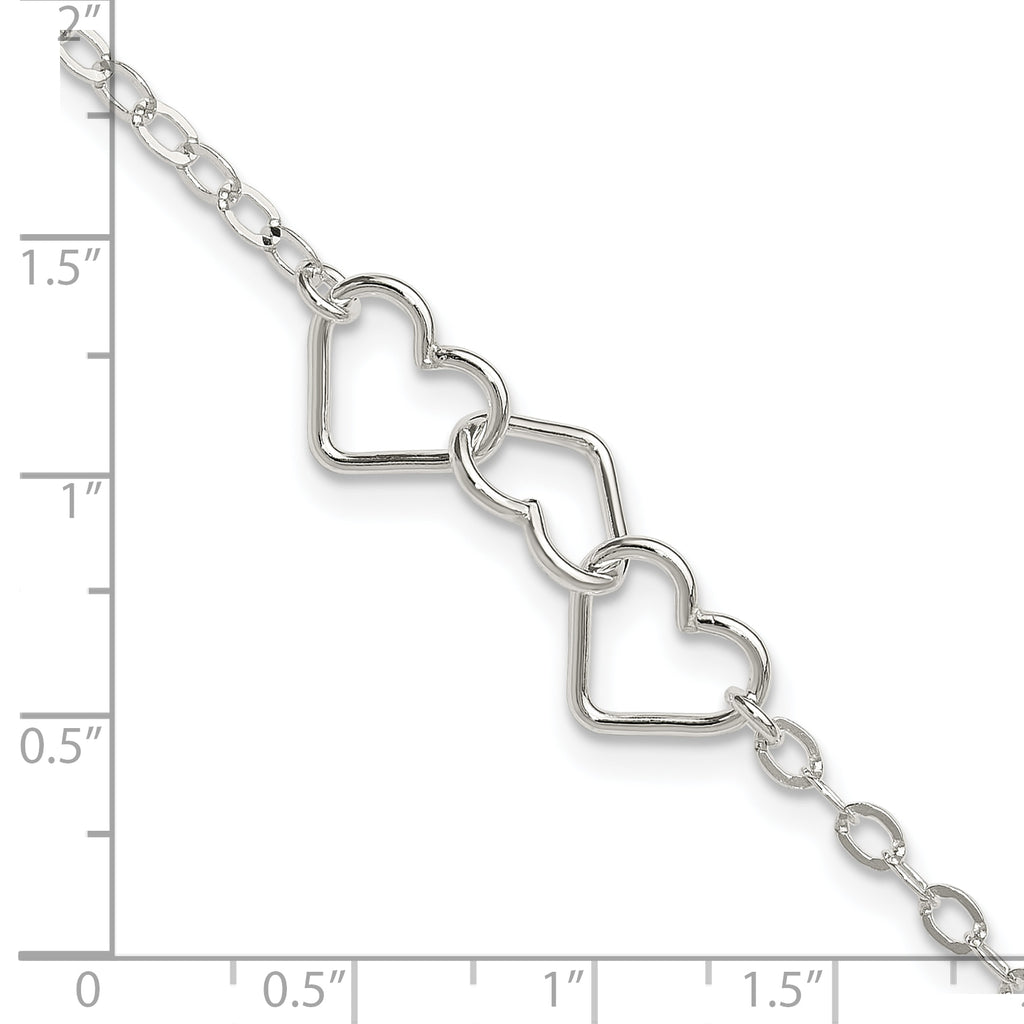 Sterling Silver 10inch Solid Polished Fancy Heart Link Anklet