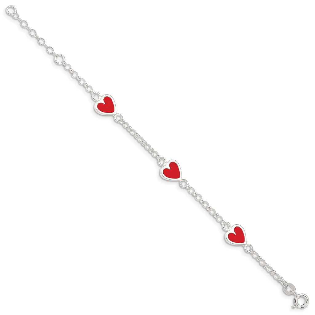 Sterling Silver Polished & Red Enamel Heart With  1in ext Children's Bracelet
