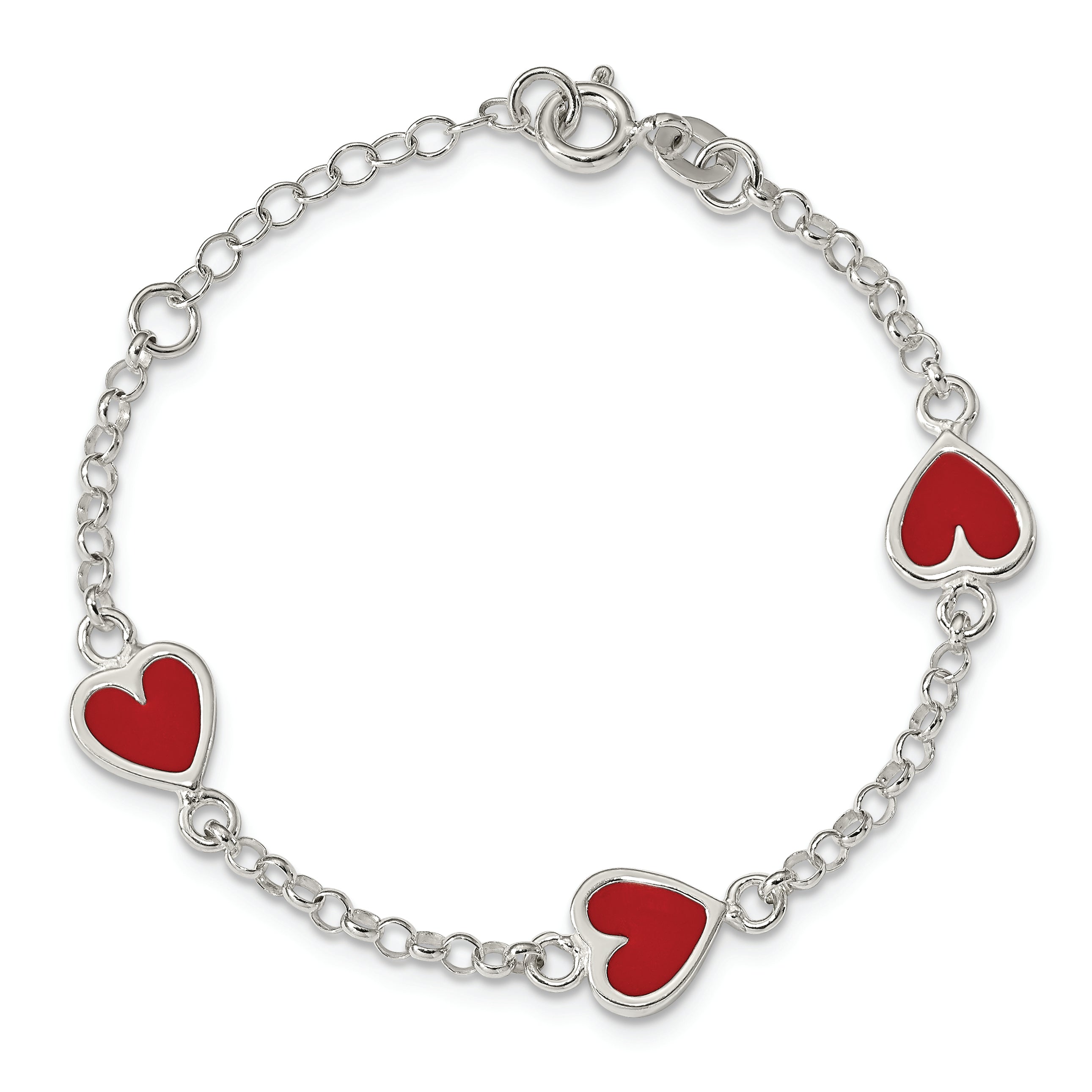 Sterling Silver Polished & Red Enamel Heart With  1in ext Children's Bracelet