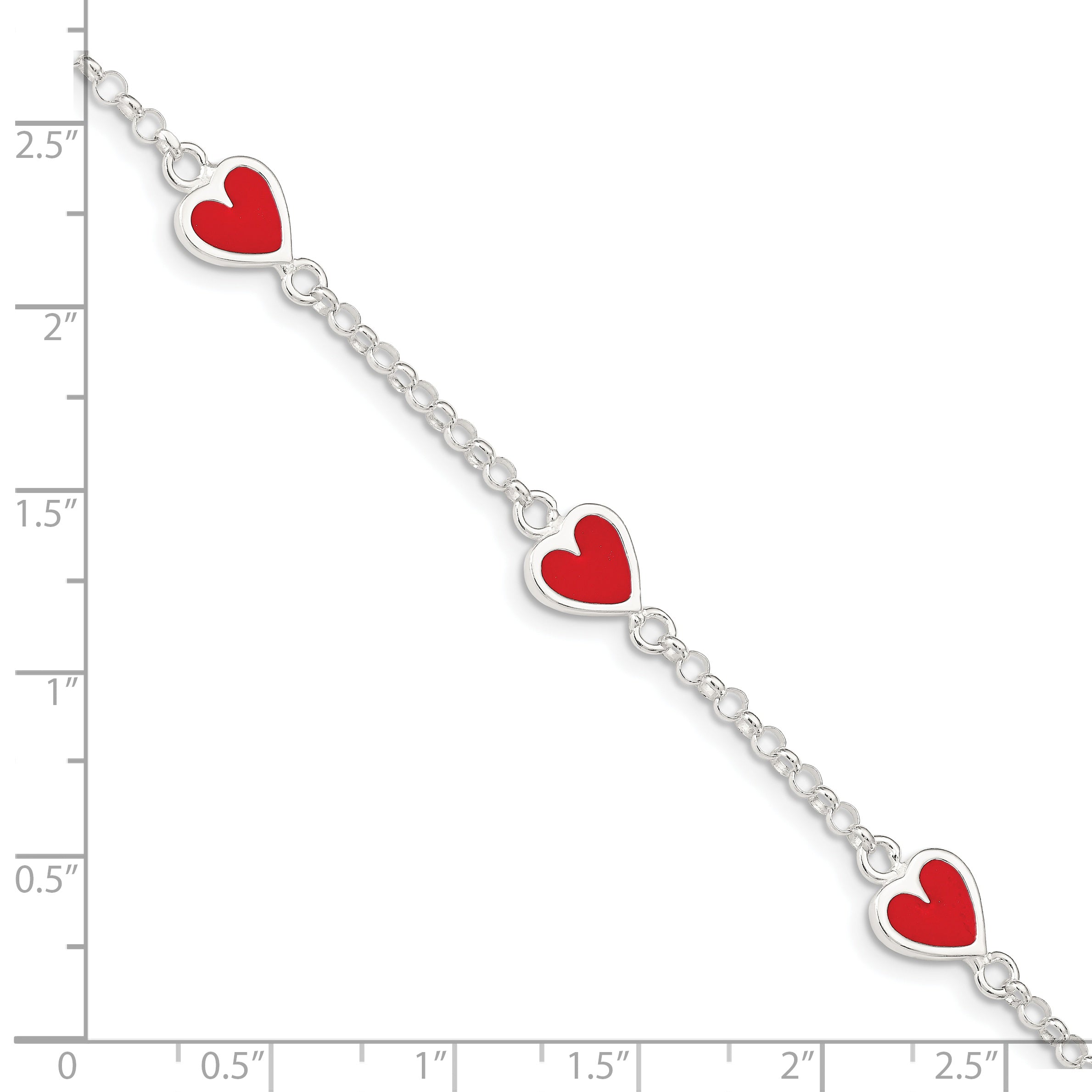 Sterling Silver Polished & Red Enamel Heart With  1in ext Children's Bracelet