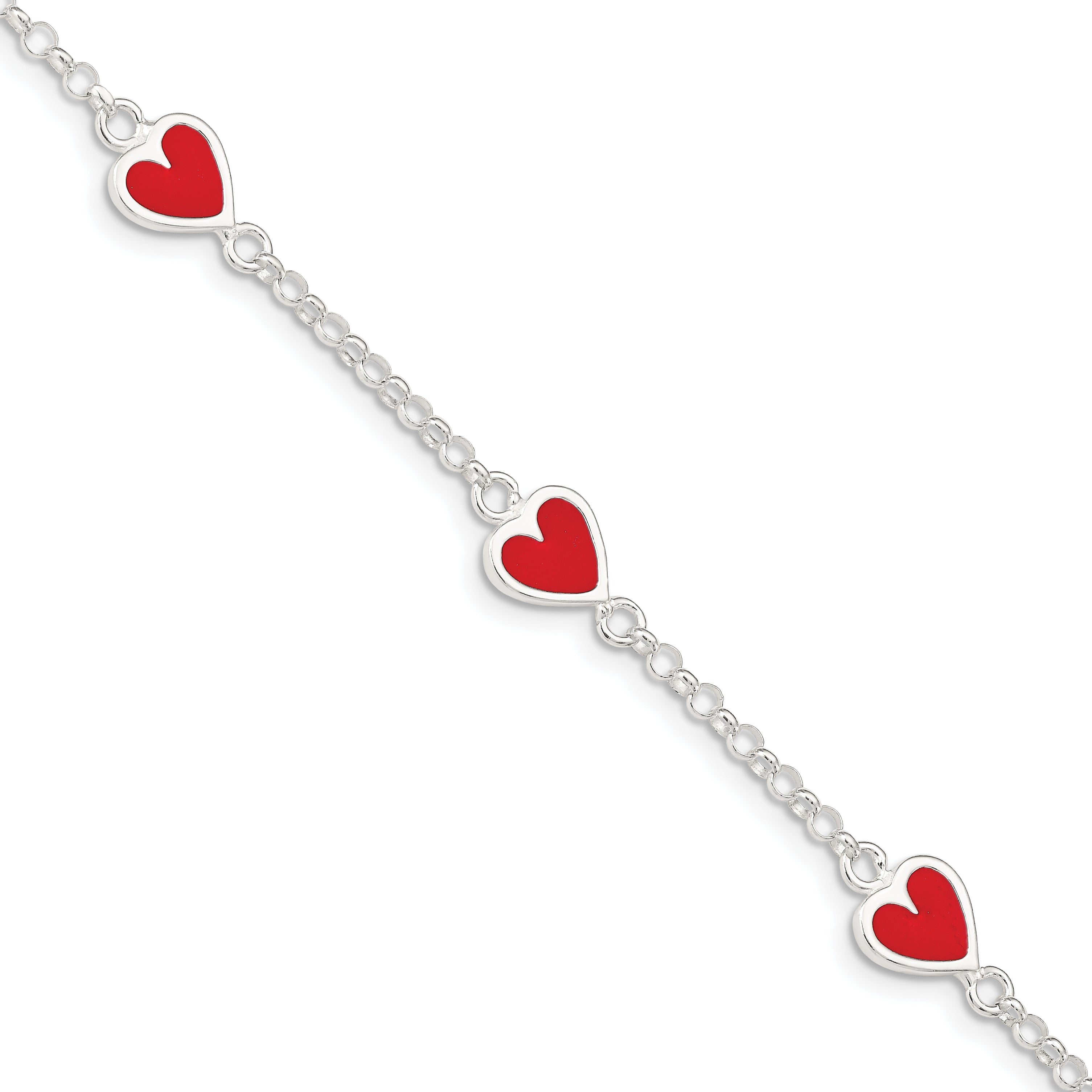 Sterling Silver Polished & Red Enamel Heart With  1in ext Children's Bracelet