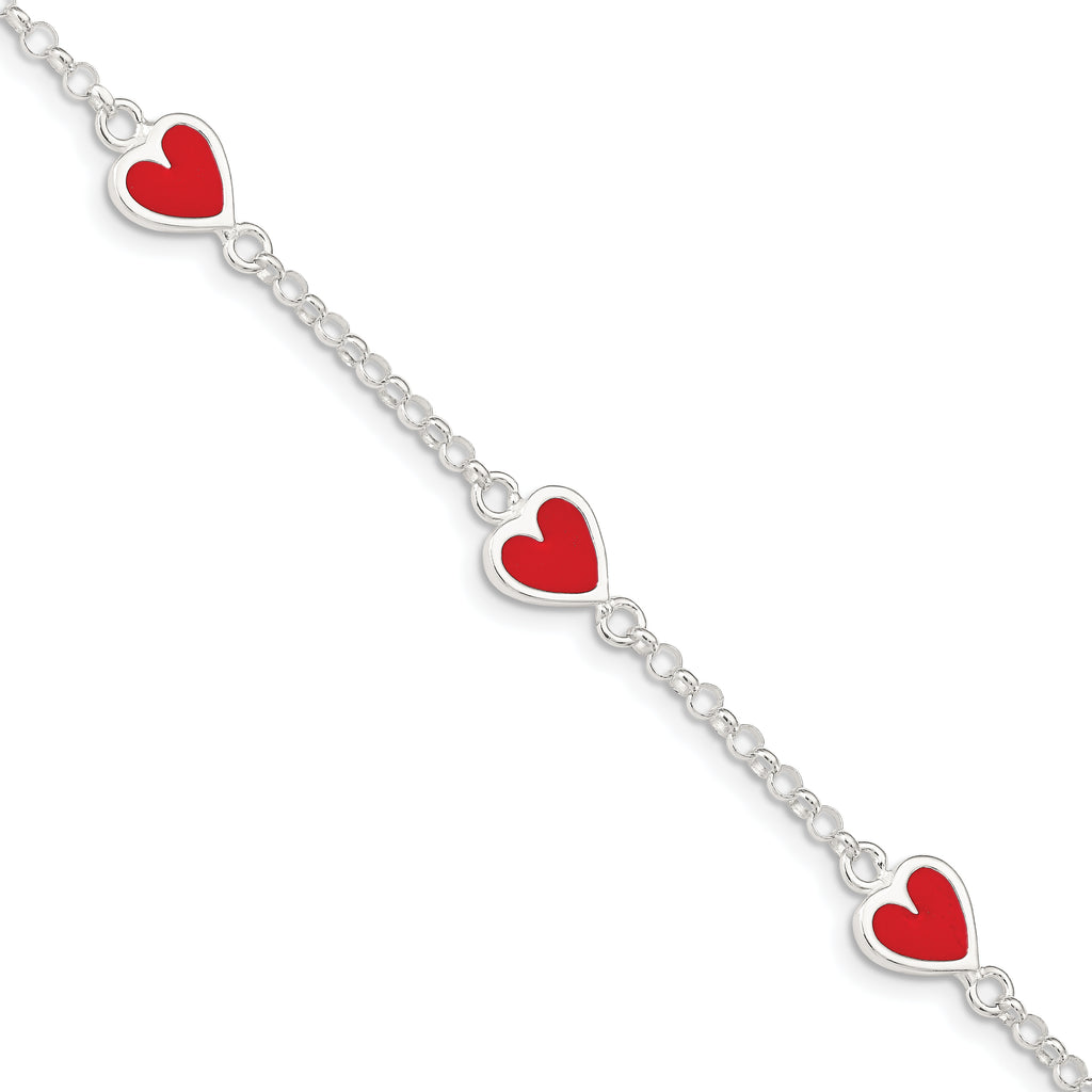 Sterling Silver Polished & Red Enamel Heart With  1in ext Children's Bracelet