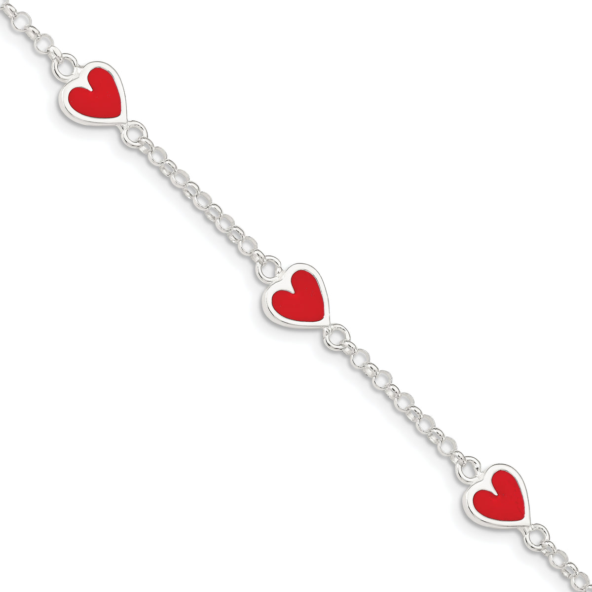Sterling Silver Polished & Red Enamel Heart With  1in ext Children's Bracelet