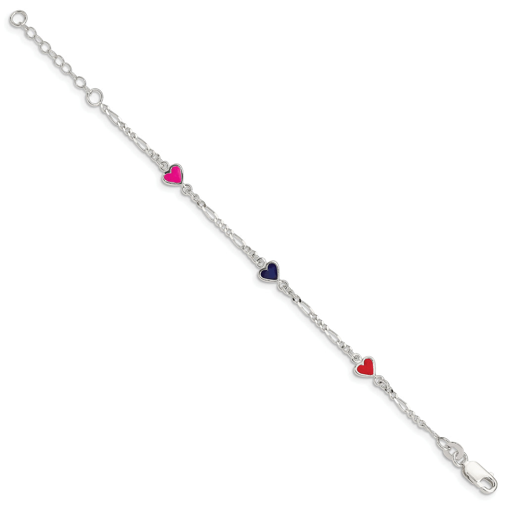 Sterling Silver Polished & Multi-color Enameled Hearts with 1 Inch Extension Children's Bracelet
