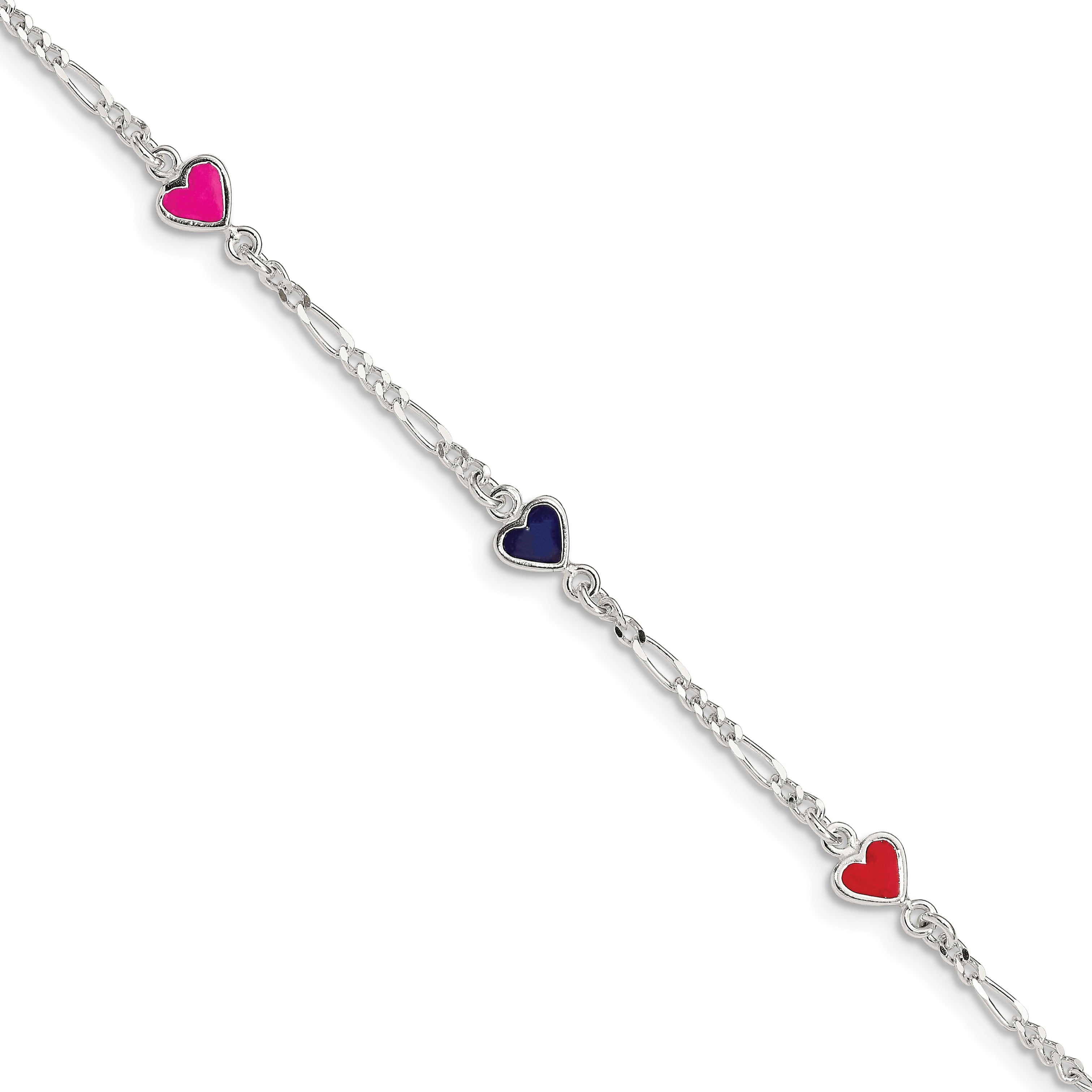 Sterling Silver Polished & Multi-color Enameled Hearts with 1 Inch Extension Children's Bracelet Main image