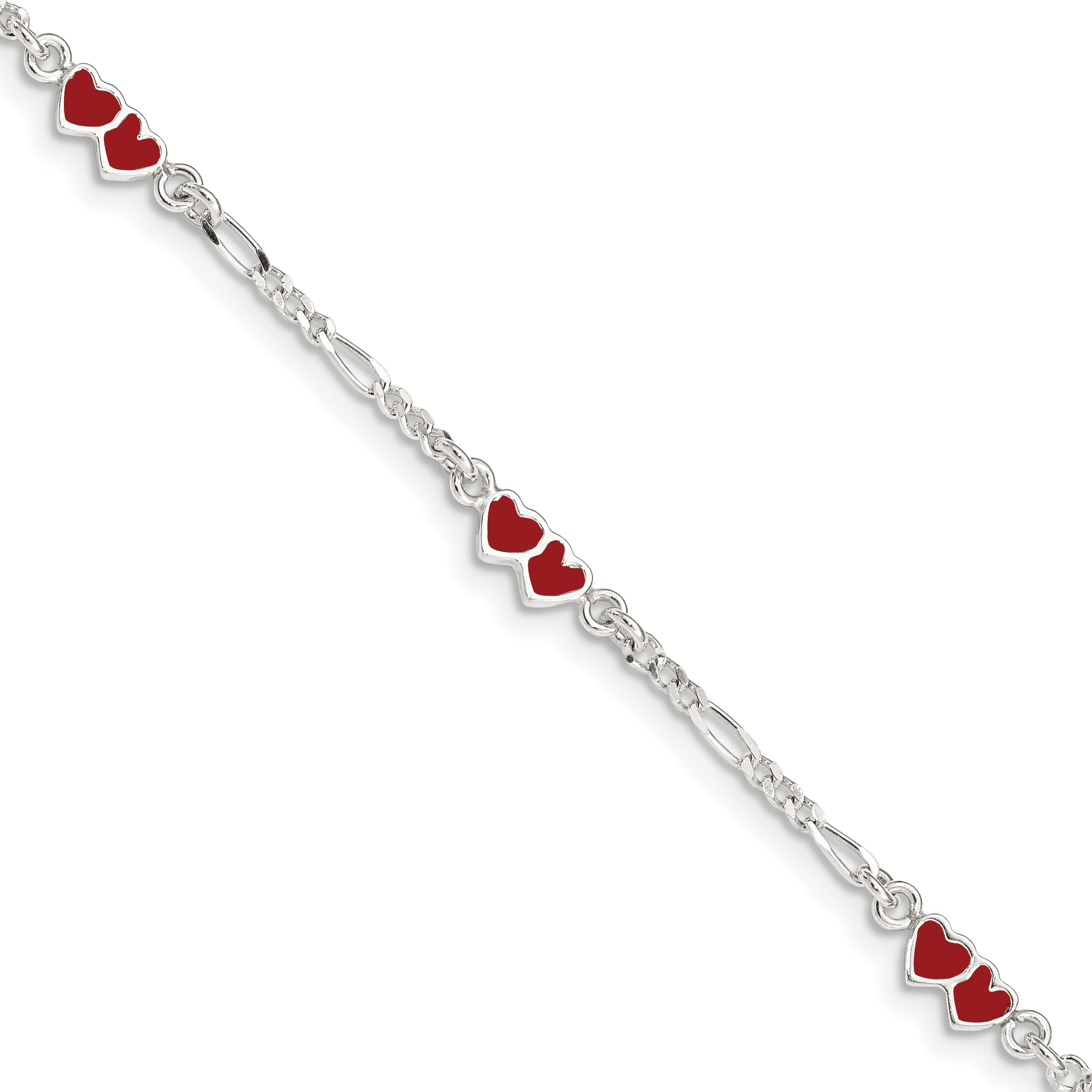 Sterling Silver Polished & Red Enameled Double Heart with 1 Inch Extension Children's Bracelet Main image