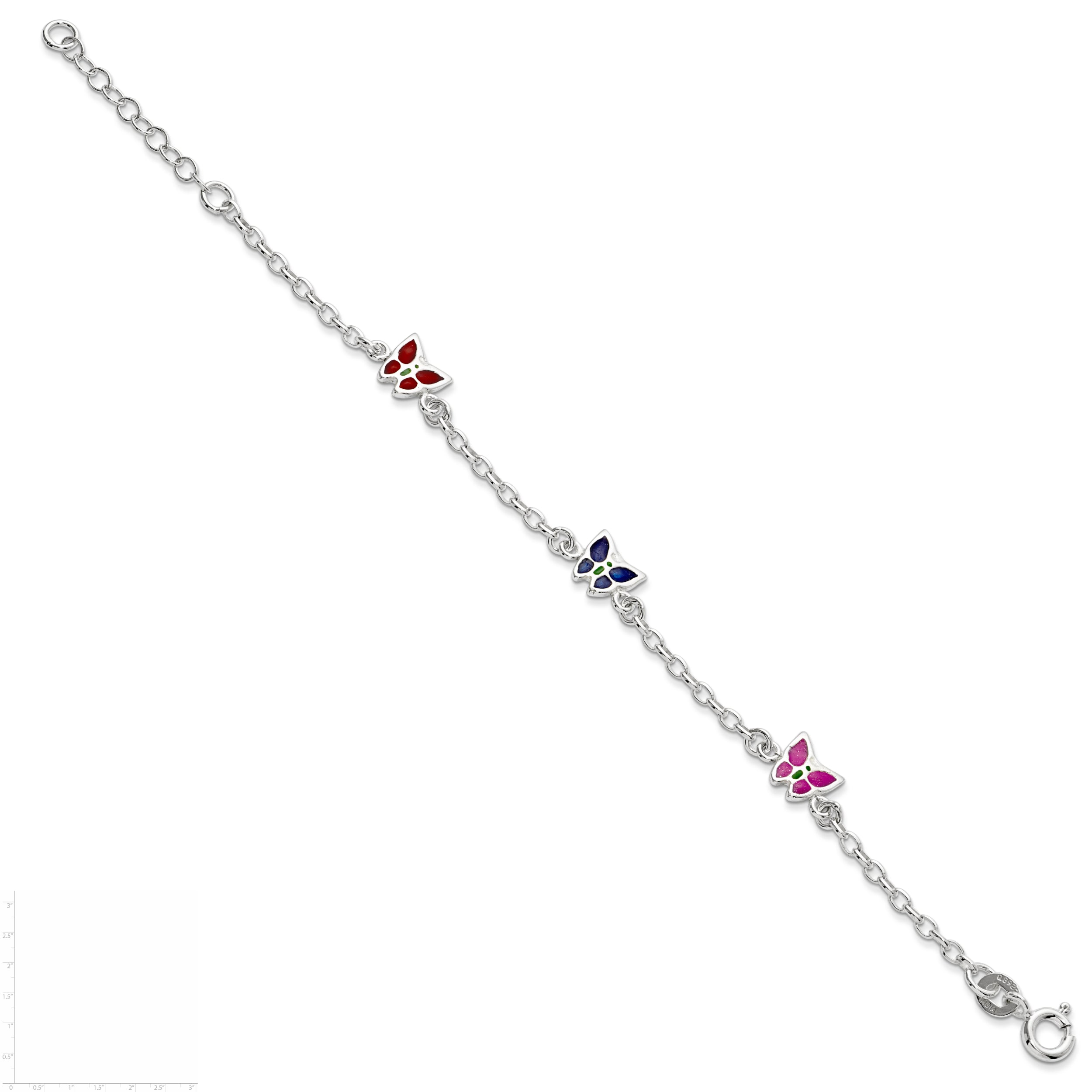 Sterling Silver Multi-color Enamel Butterfly With  1in ext. Children's Bracele