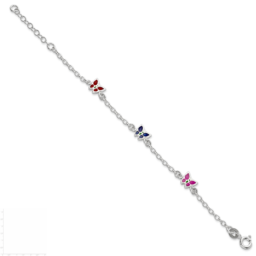 Sterling Silver Multi-color Enamel Butterfly With  1in ext. Children's Bracele