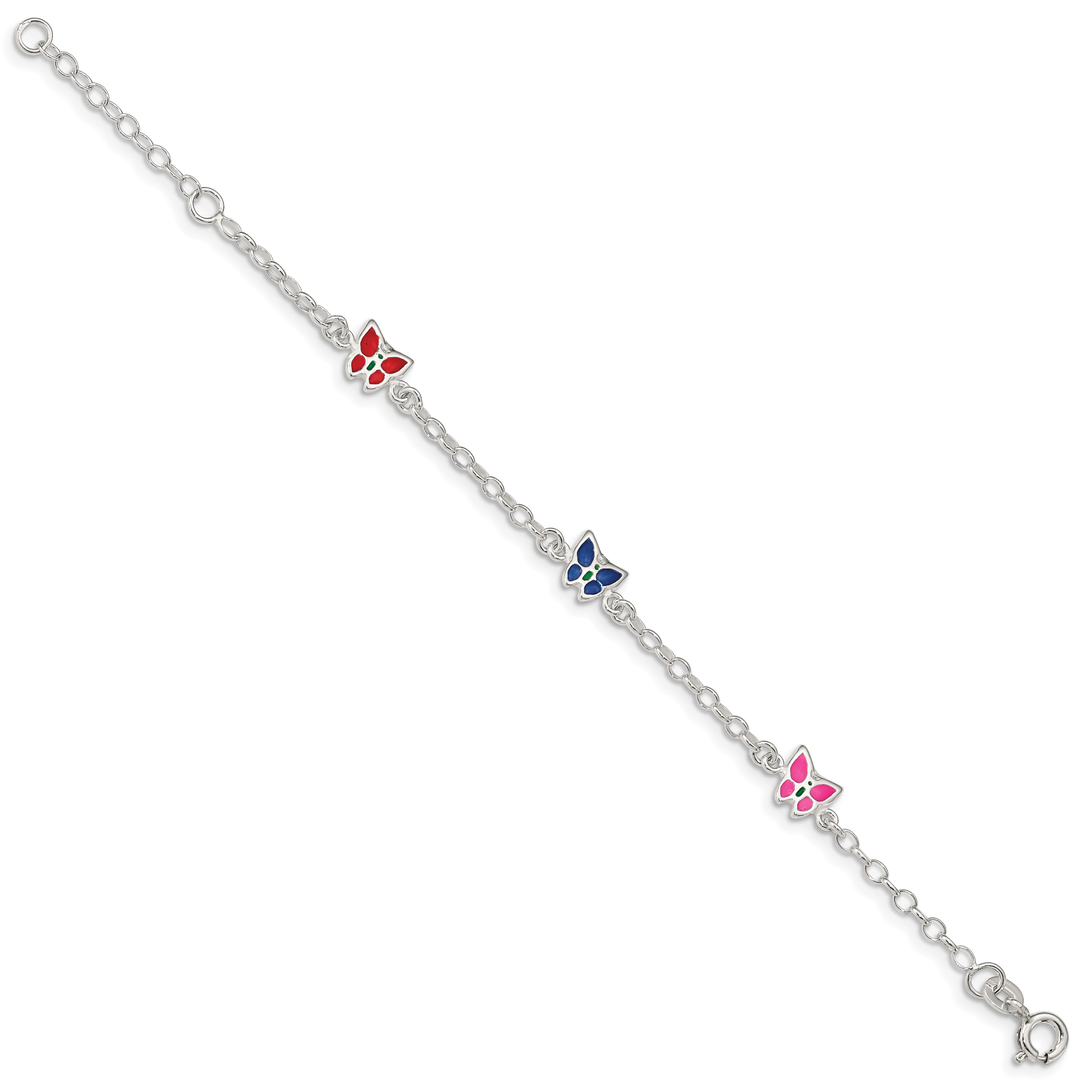 Sterling Silver Multi-color Enamel Butterfly With  1in ext. Children's Bracele