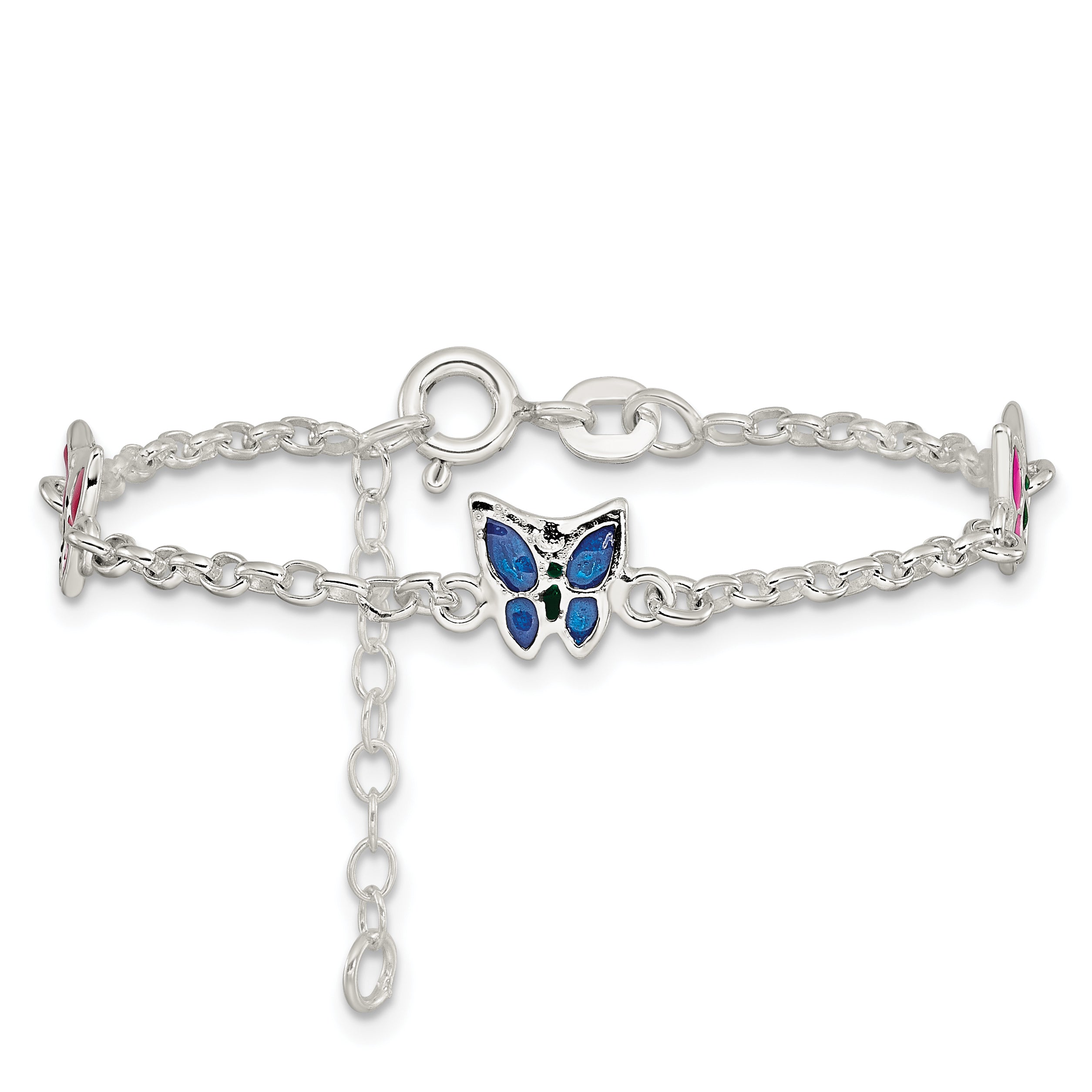 Sterling Silver Multi-color Enamel Butterfly With  1in ext. Children's Bracele