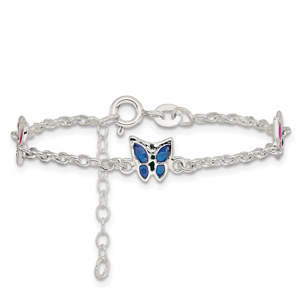Sterling Silver Multi-color Enamel Butterfly With  1in ext. Children's Bracele