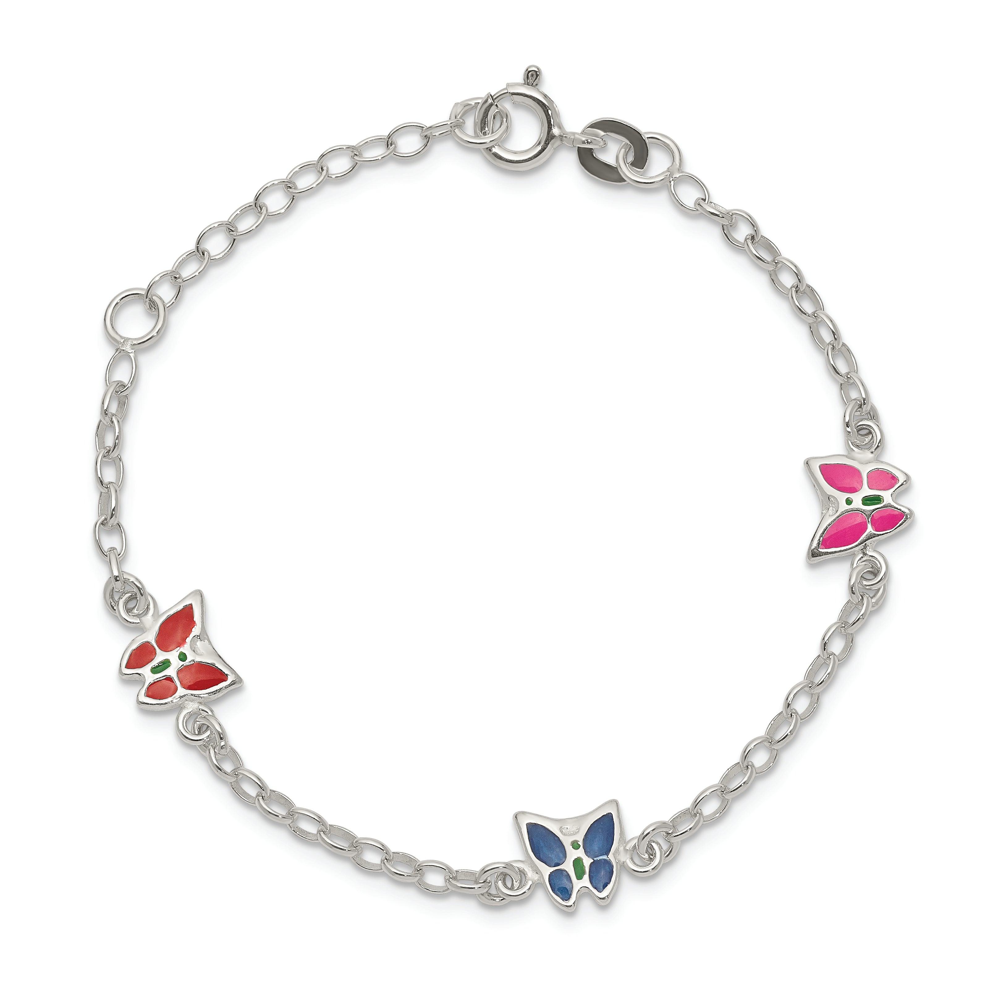 Sterling Silver Multi-color Enamel Butterfly With  1in ext. Children's Bracele